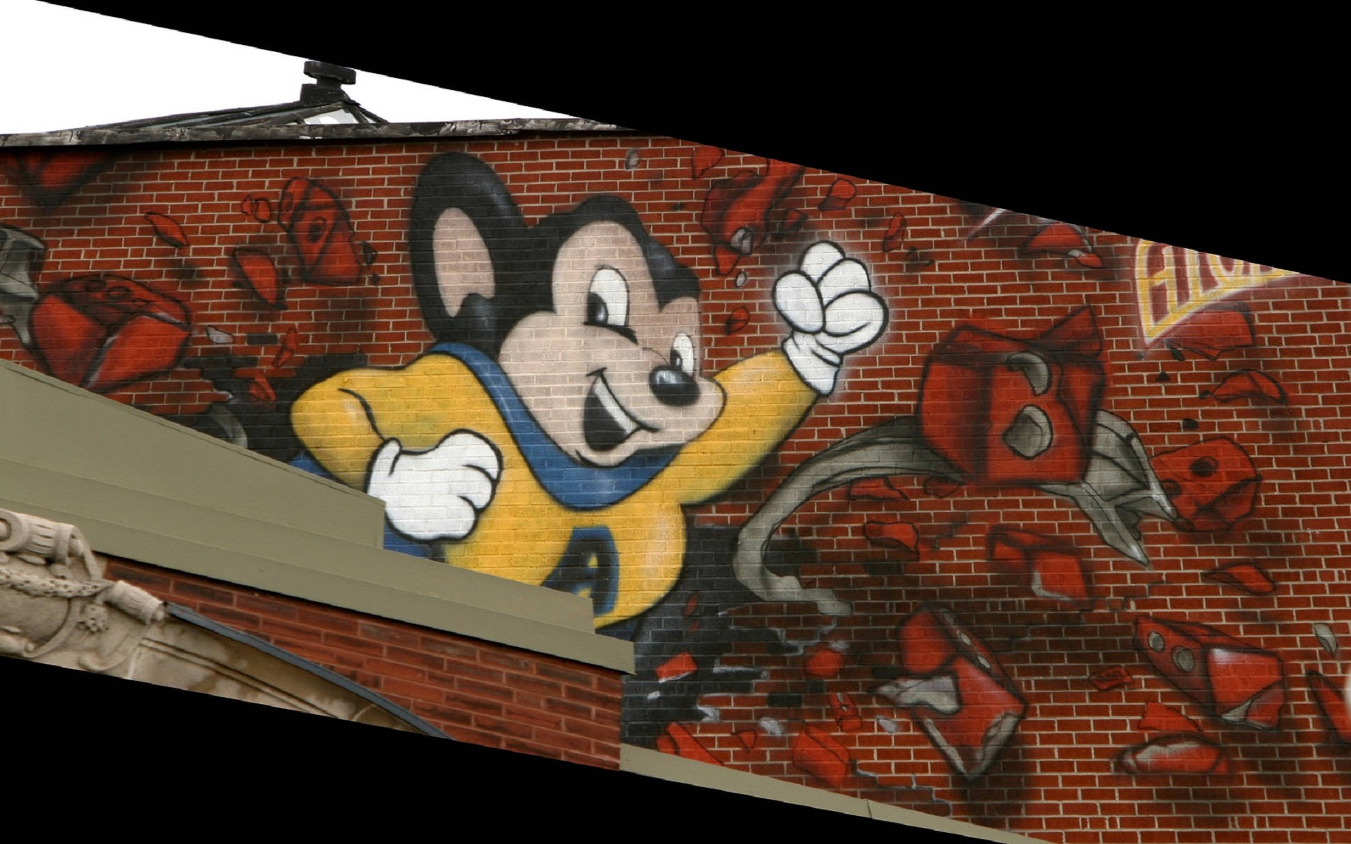Mighty Mouse, yellow suit, red brick wall, Full HD Desktop Wallpaper