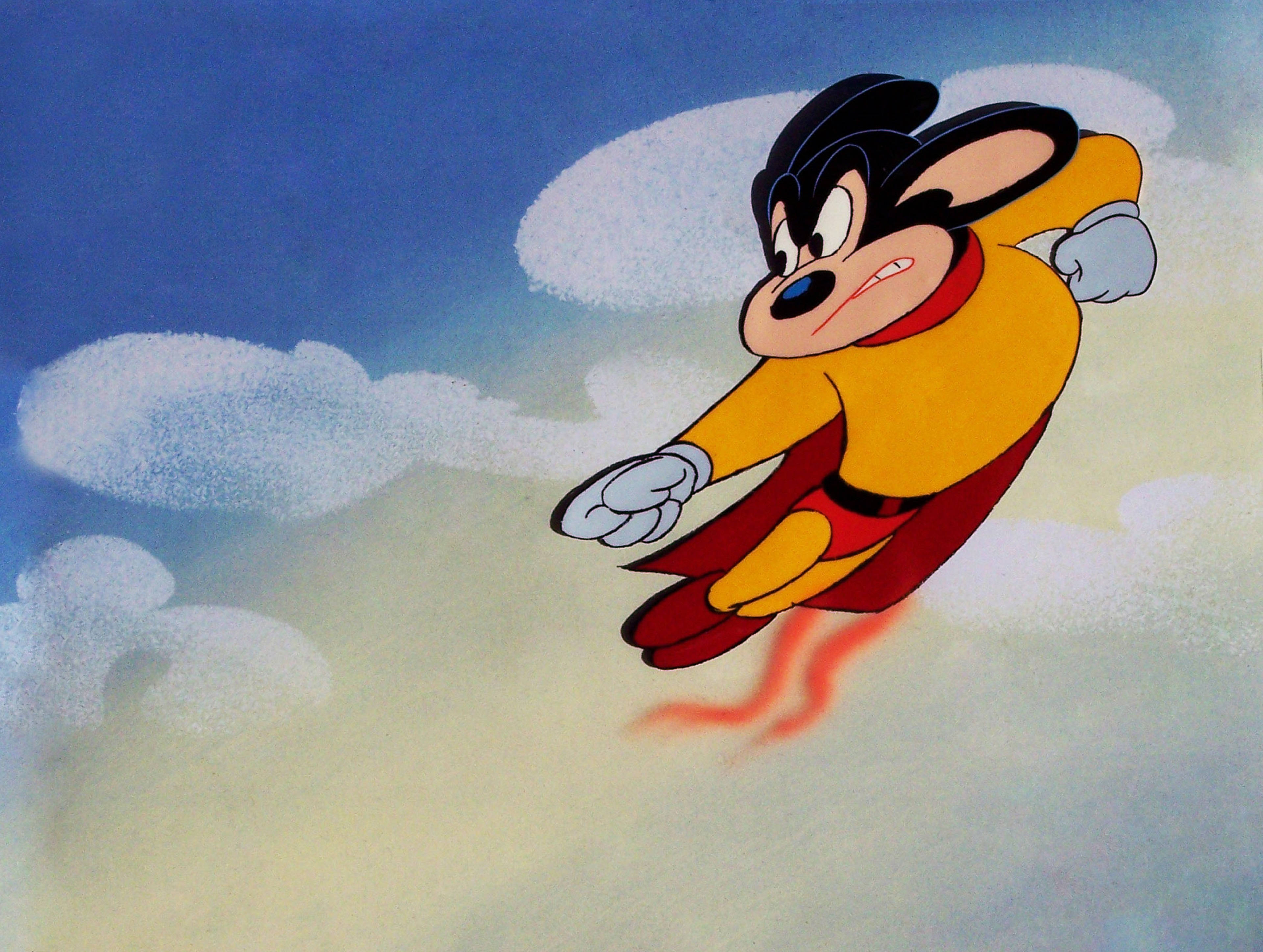 Mighty Mouse, yellow and red superhero suit, blue sky, 4K Desktop Wallpaper