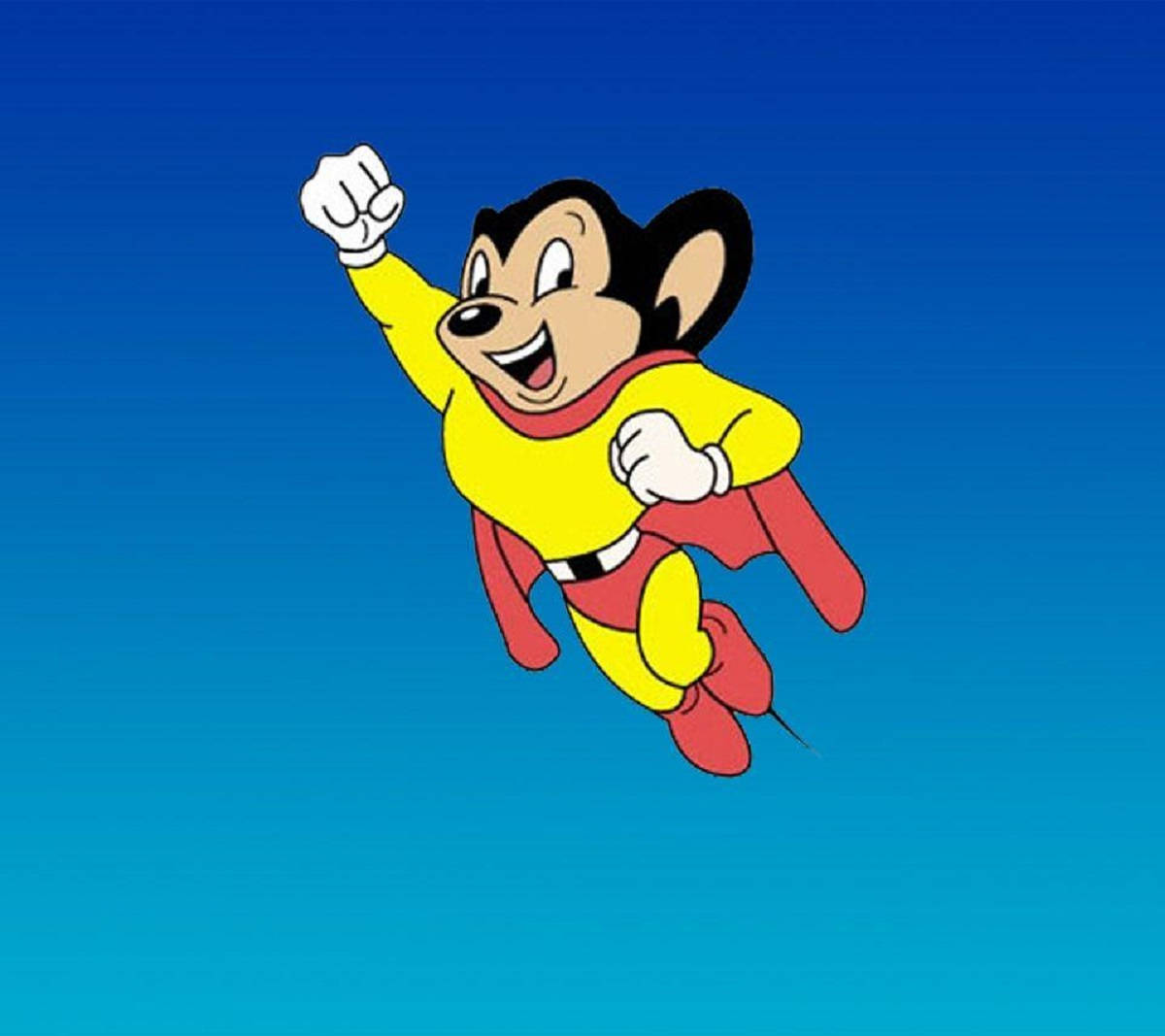 Mighty Mouse, yellow and red superhero suit, gradient blue sky, SD Desktop Wallpaper