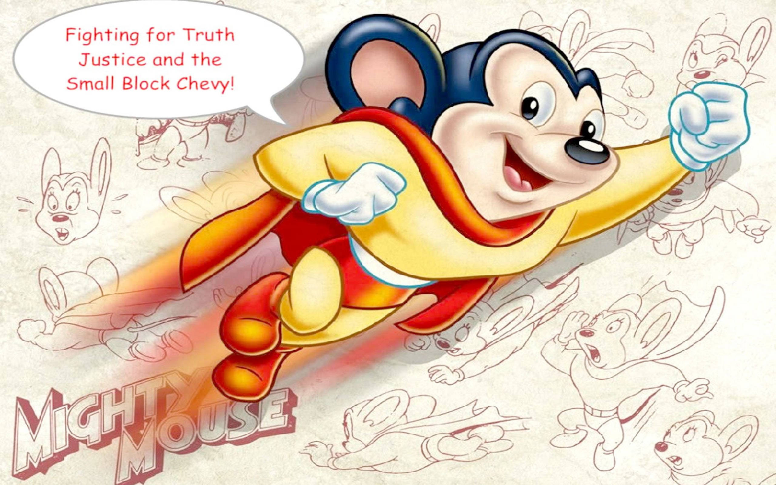 Mighty Mouse, yellow red suit, pencil sketches, 2K Desktop Wallpaper