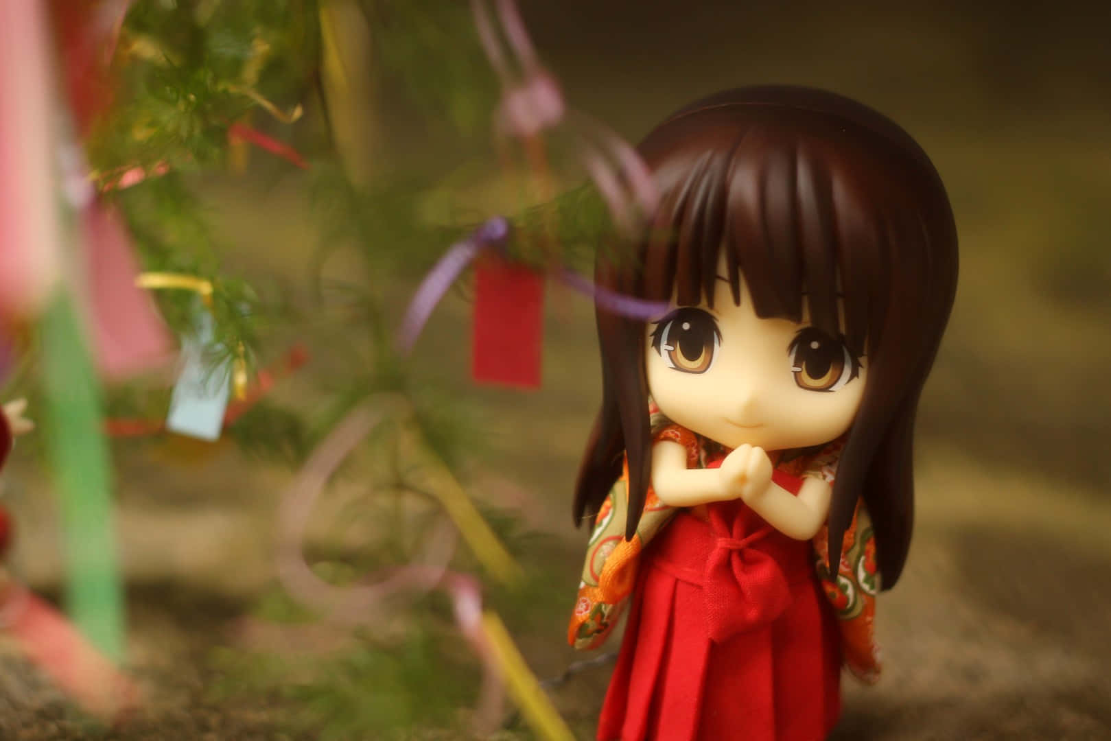 Miho Azuki, chibi-style doll, red kimono, HD Desktop Wallpaper