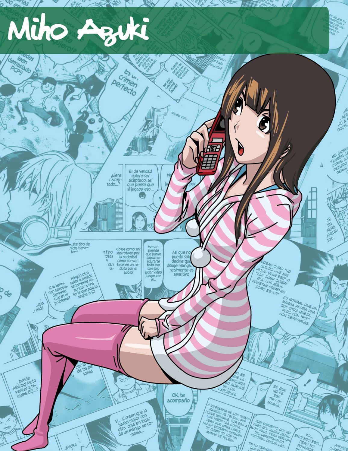 Miho Azuki, pink striped pajamas, red phone, HD Phone Wallpaper