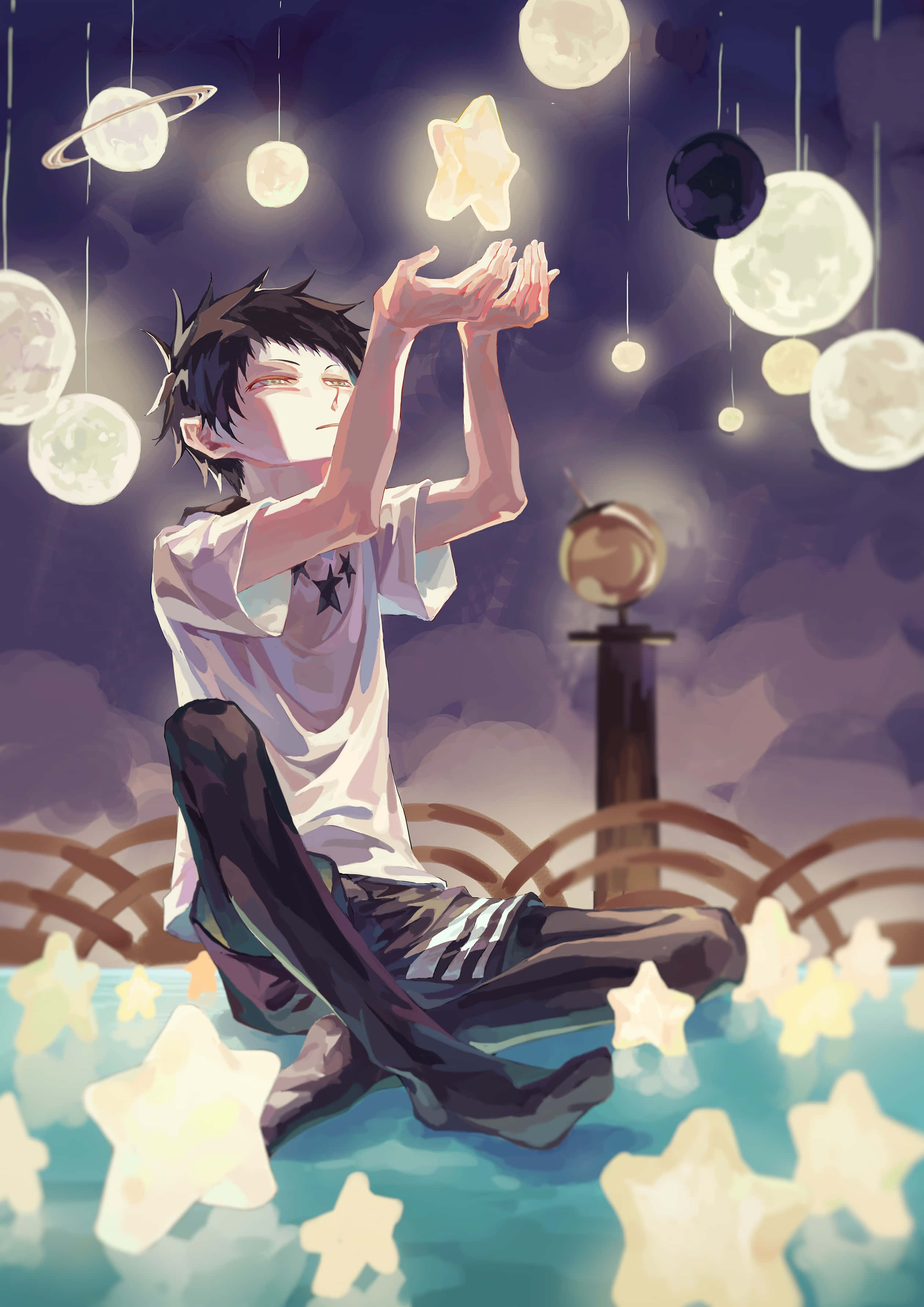 Mikado Ryuugamine, starry floor, floating celestial bodies, 2K Phone Wallpaper