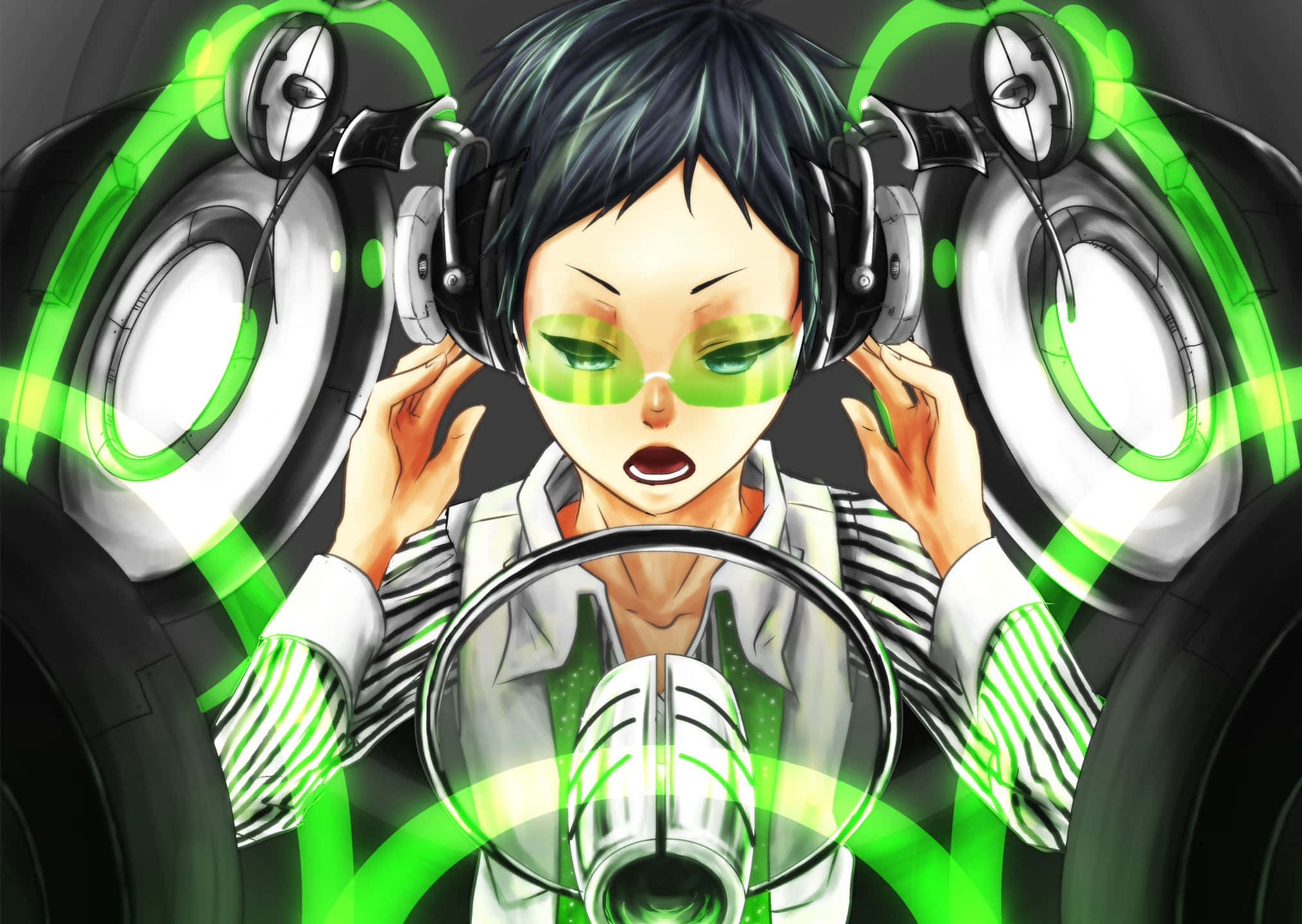 Mikado Ryuugamine, neon green energy rings, glowing green eyes, Full HD Desktop Wallpaper