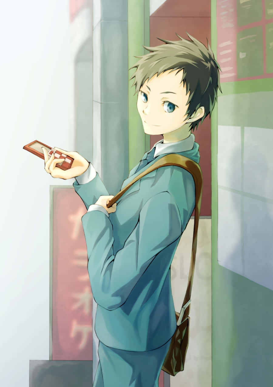 Mikado Ryuugamine, teal uniform, red phone, SD Phone Wallpaper