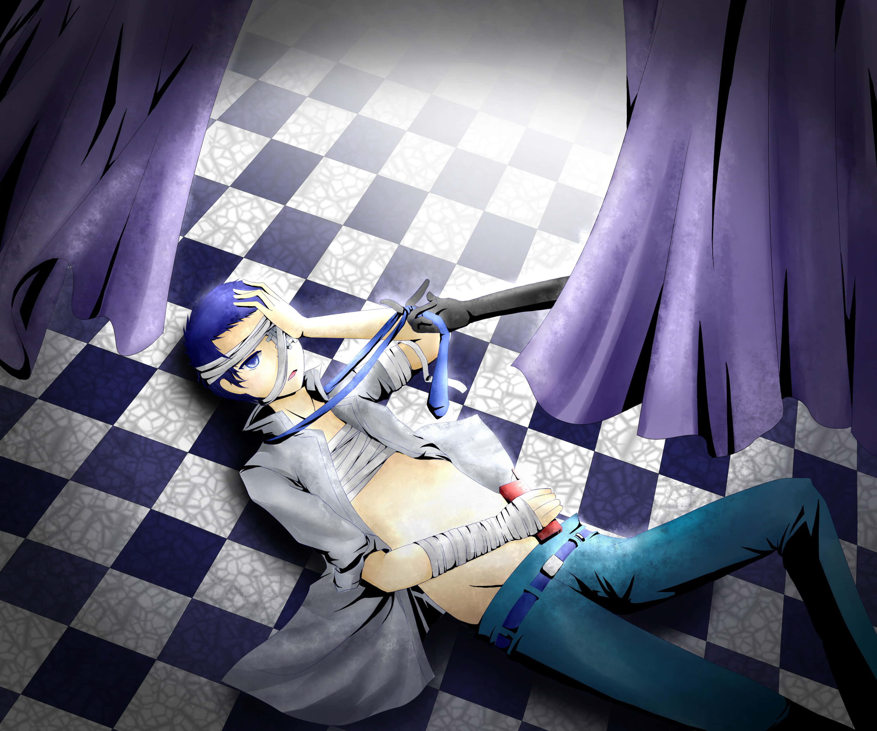 Mikado Ryuugamine, blue-haired anime character, checkered floor, 2K Desktop Wallpaper