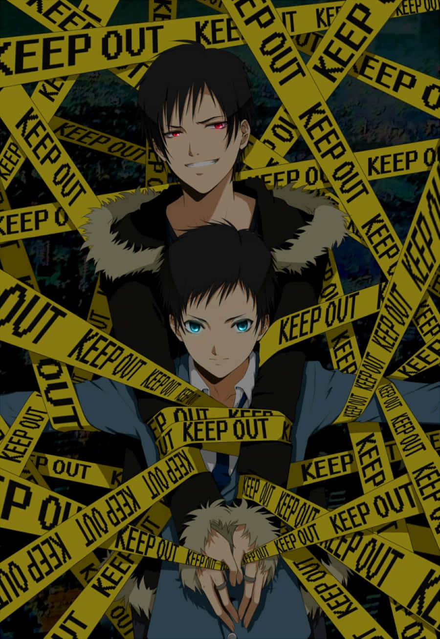 Mikado Ryuugamine, yellow keep out tape, dark background, HD Phone Wallpaper