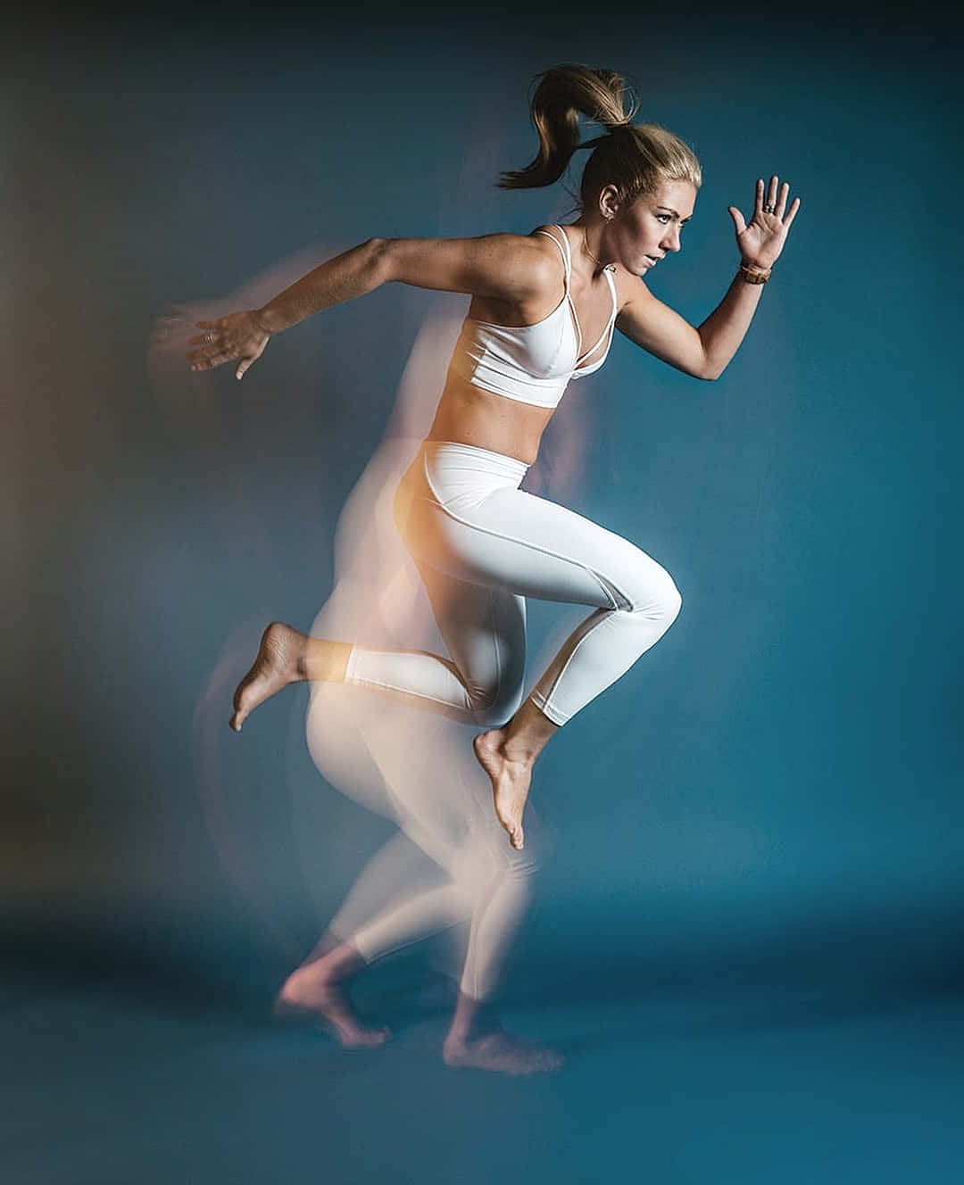 Mikaela Shiffrin, white athletic wear, gradient blue studio backdrop, HD Phone Wallpaper