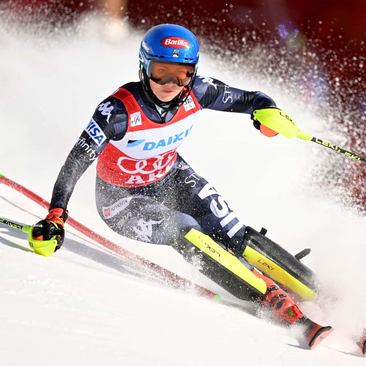 Mikaela Shiffrin, blue helmet, USA gear, HD Desktop Wallpaper