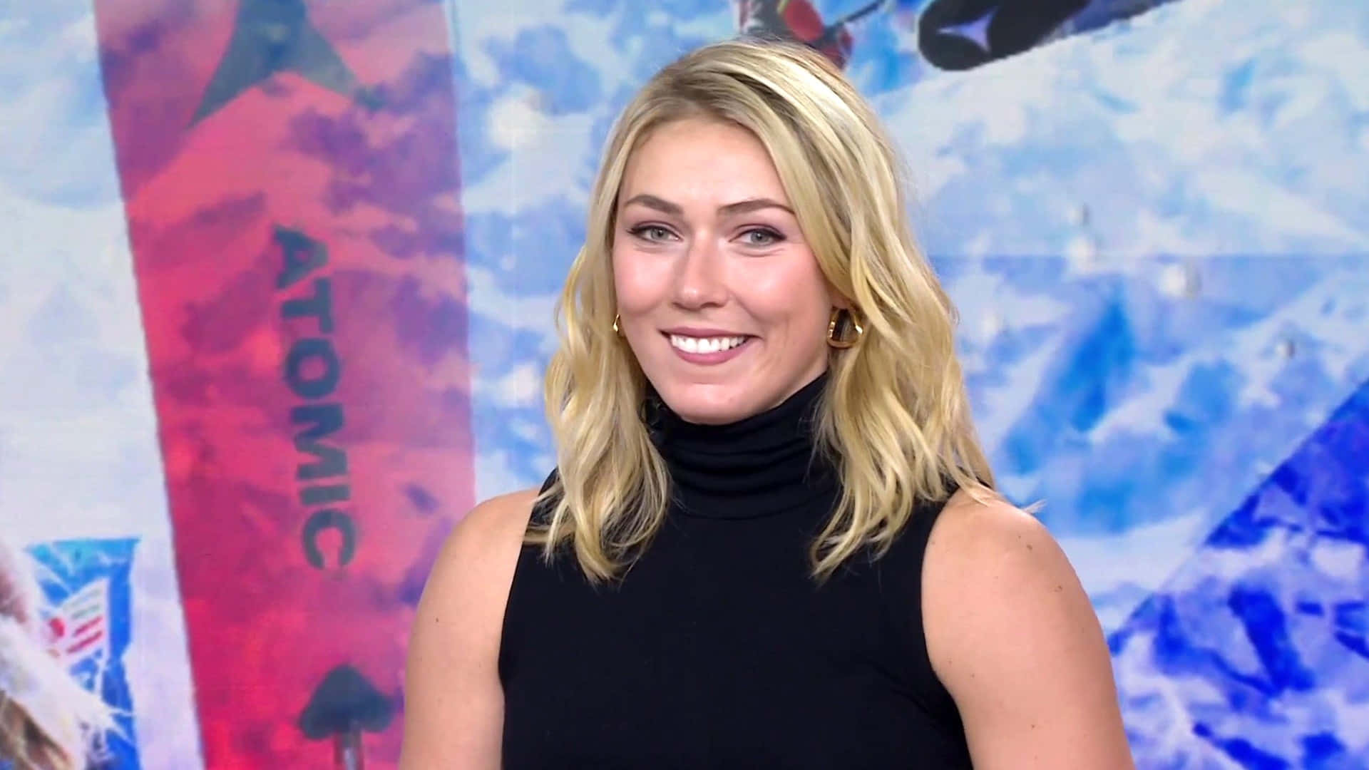 Mikaela Shiffrin, black turtleneck, colorful movie poster backdrop, Full HD Desktop Wallpaper