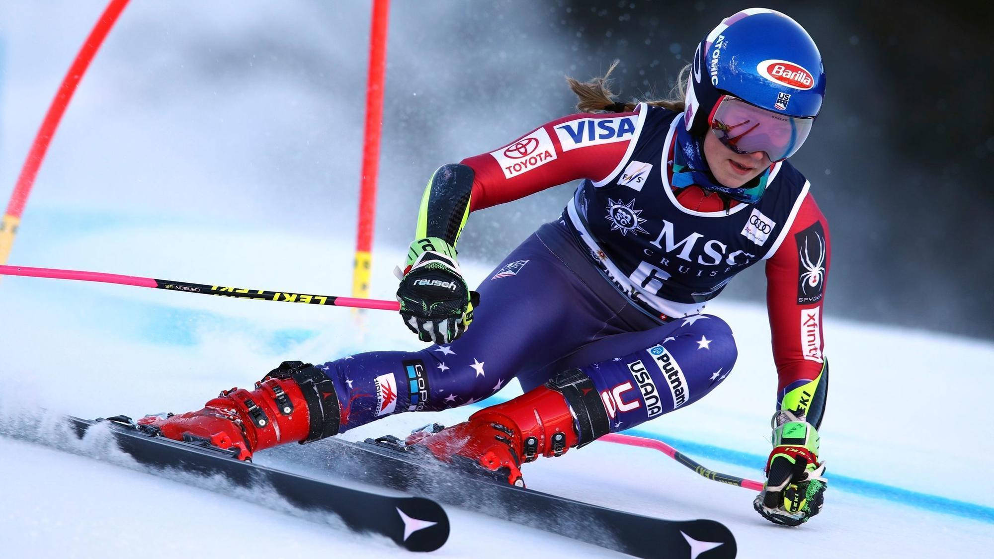 Mikaela Shiffrin, downhill alpine skiing, blue helmet, Full HD Desktop Wallpaper