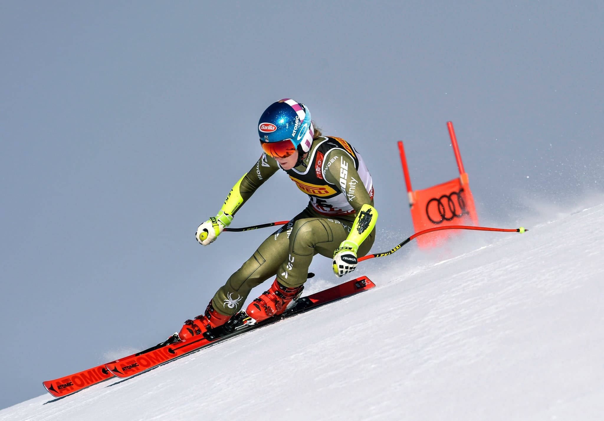 Mikaela Shiffrin, alpine skiing, red Audi gates, Full HD Desktop Wallpaper