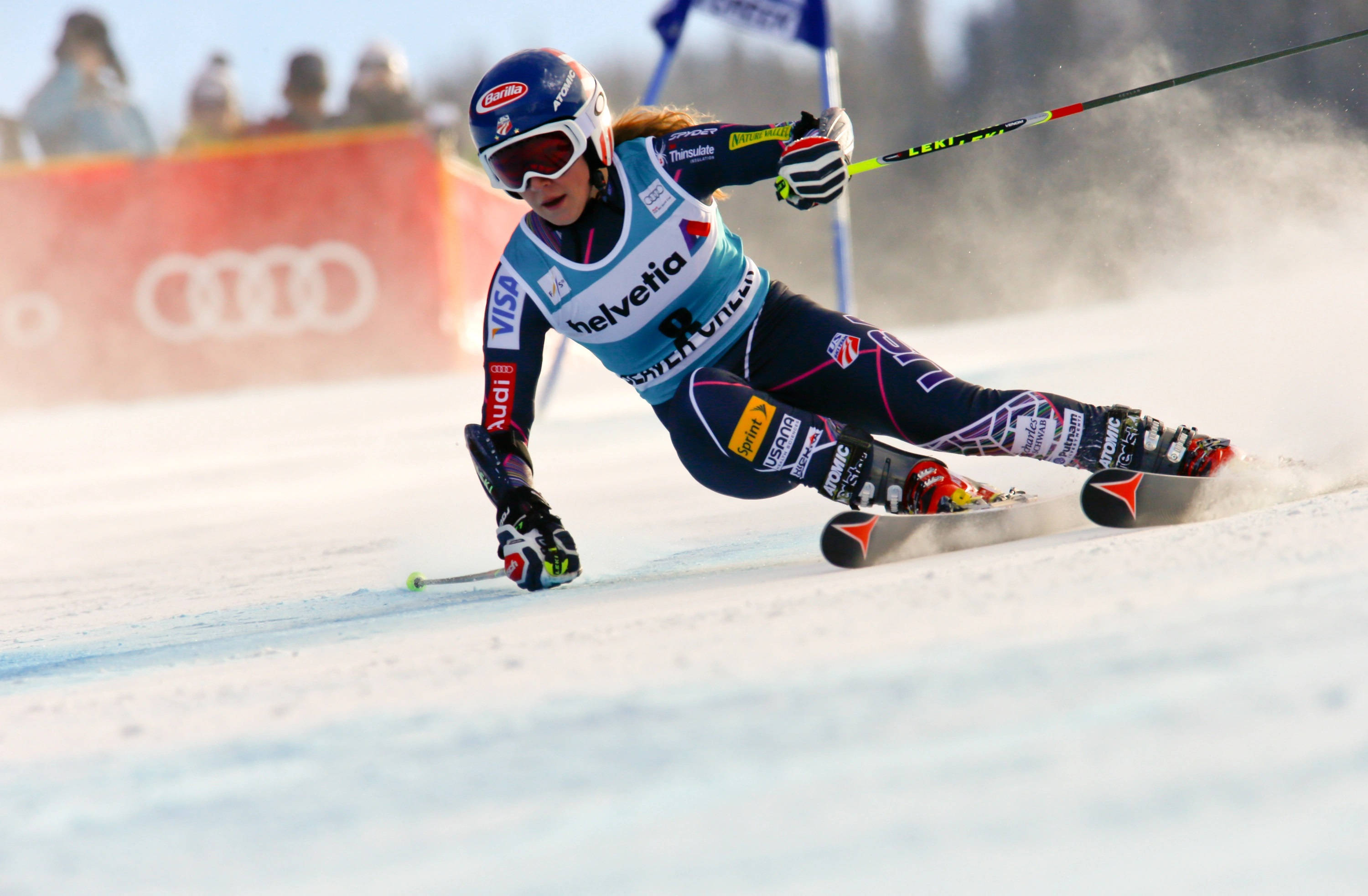 Mikaela Shiffrin, blue and black racing suit, snowy slope, 2K Desktop Wallpaper