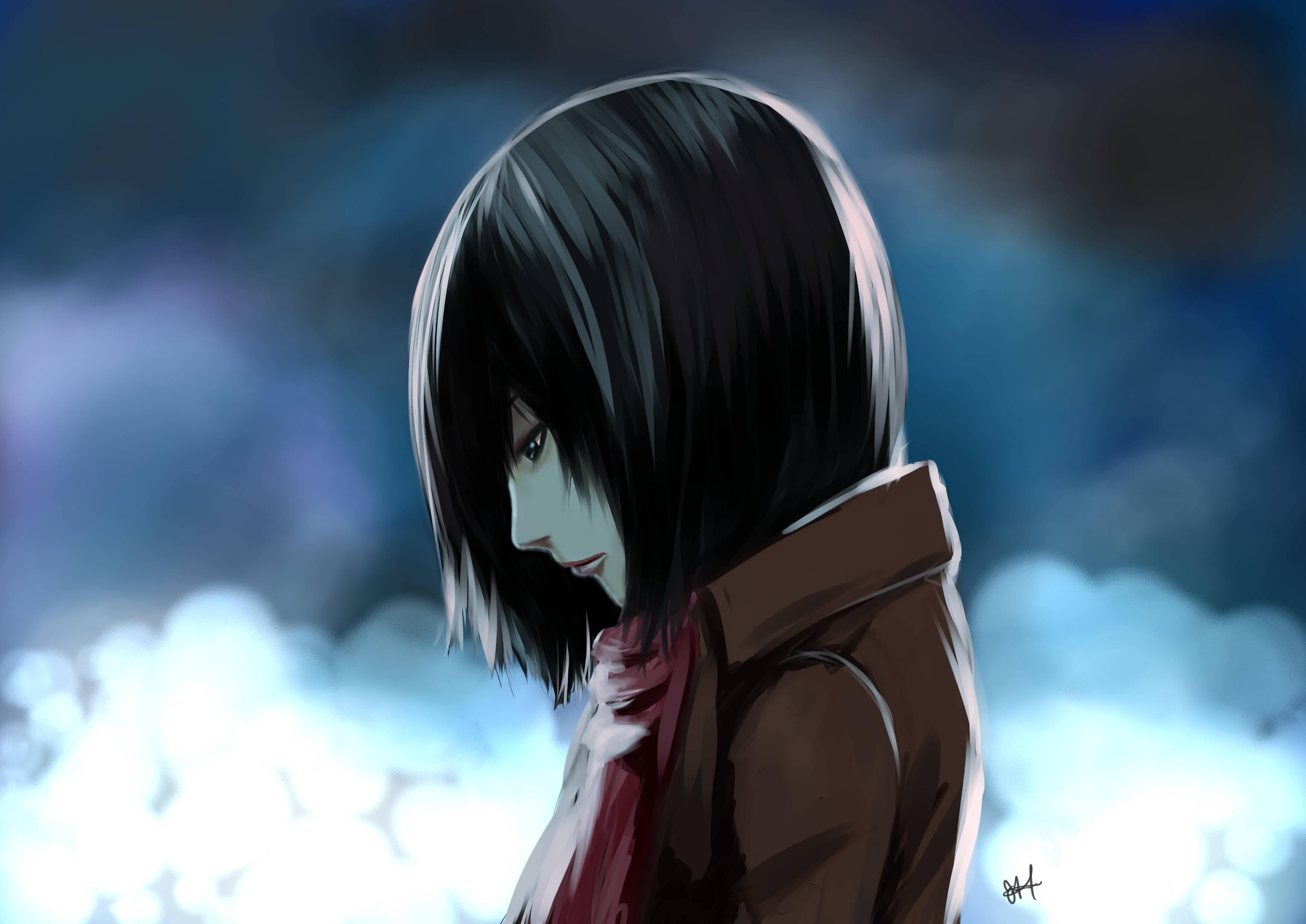 Mikasa Ackerman, short black hair, brown coat, 2K Desktop Wallpaper