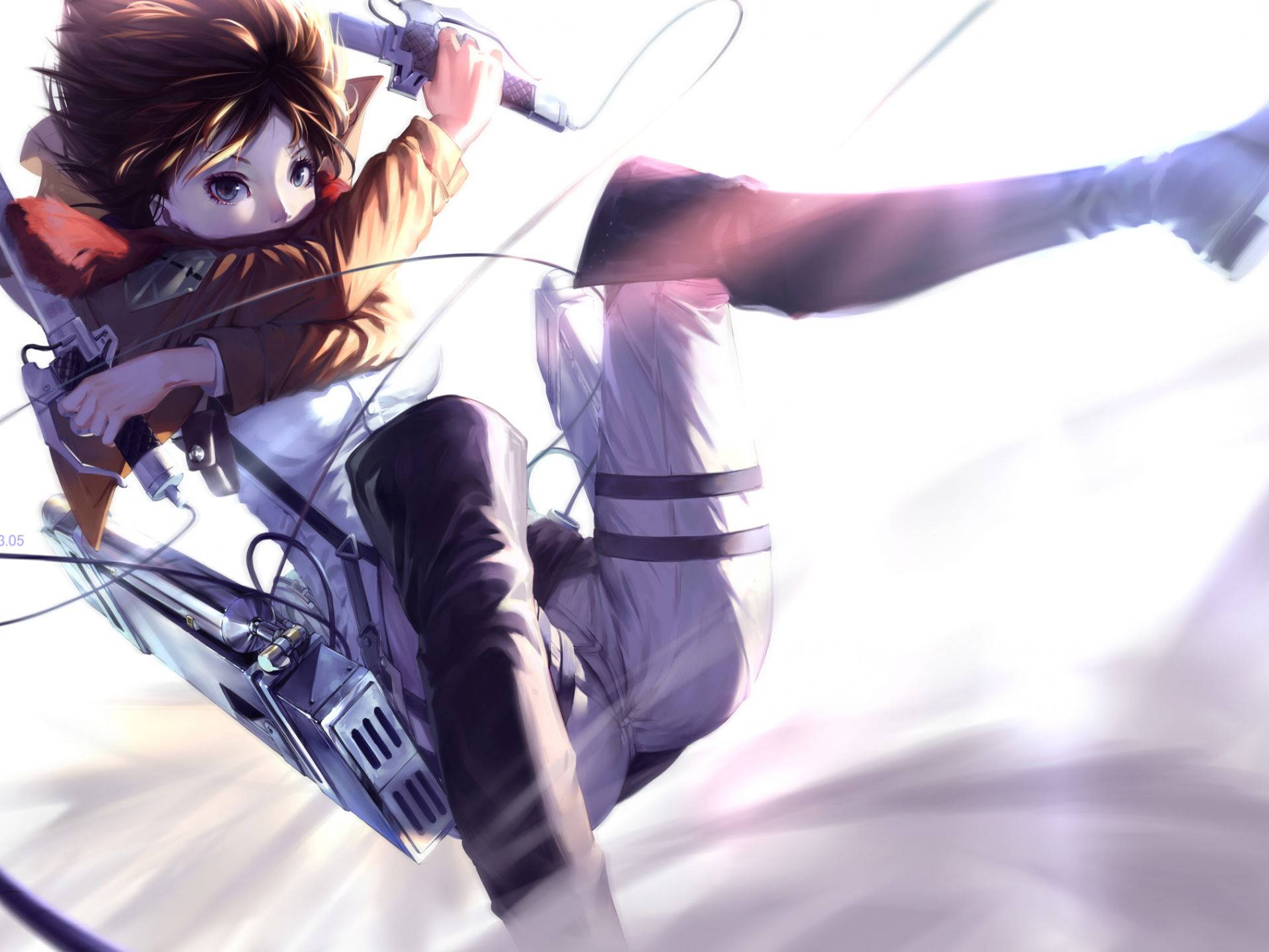 Mikasa Ackerman, maneuver gear, bright white sky, Full HD Desktop Wallpaper