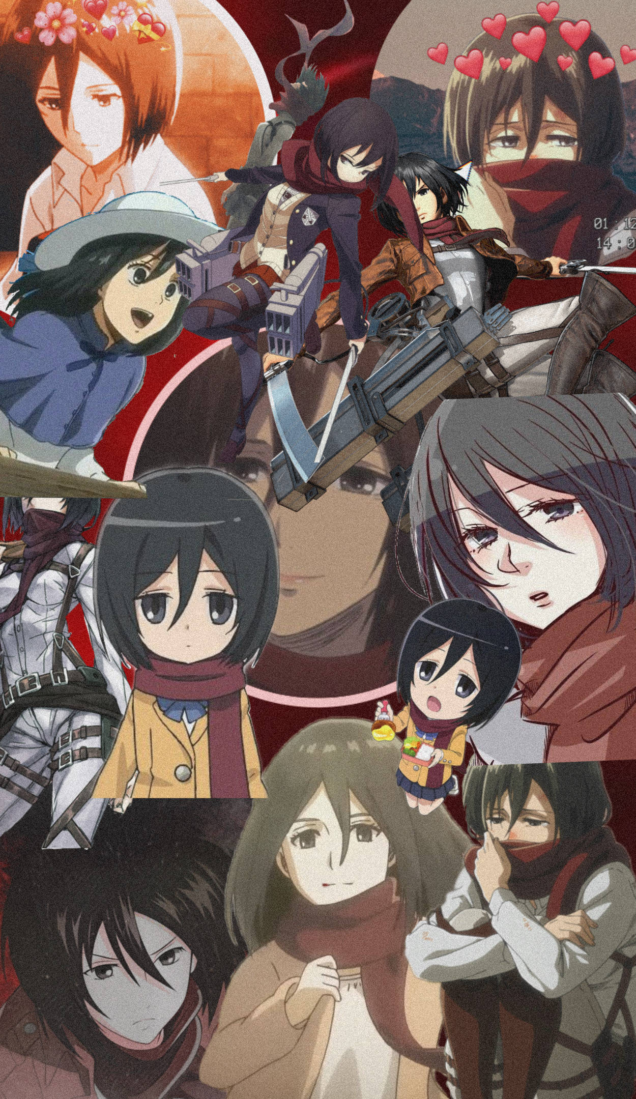 Mikasa Ackerman, anime collage, red background, Full HD Phone Wallpaper