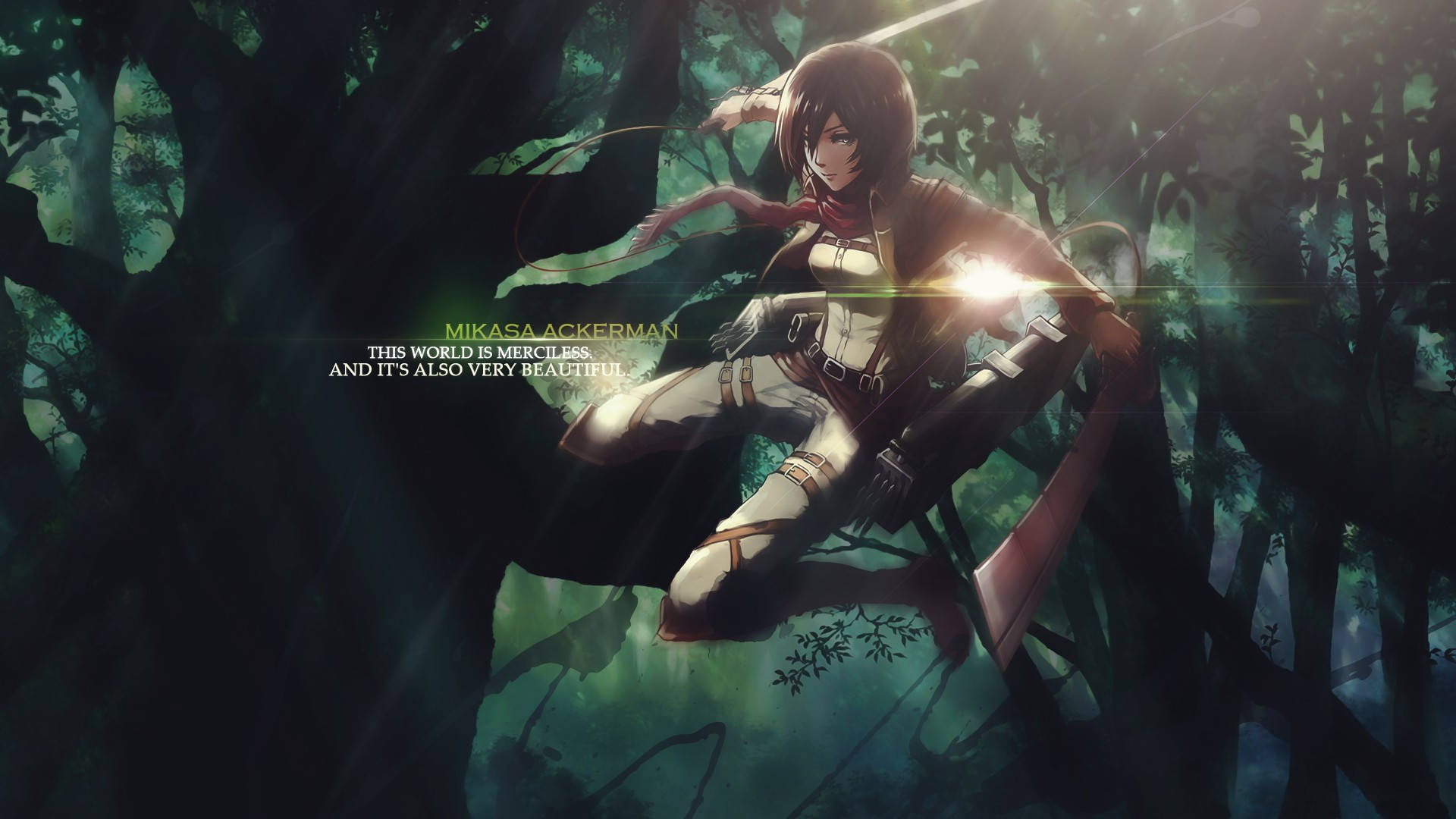 Mikasa Ackerman, dark forest, sunlit forest, Full HD Desktop Wallpaper