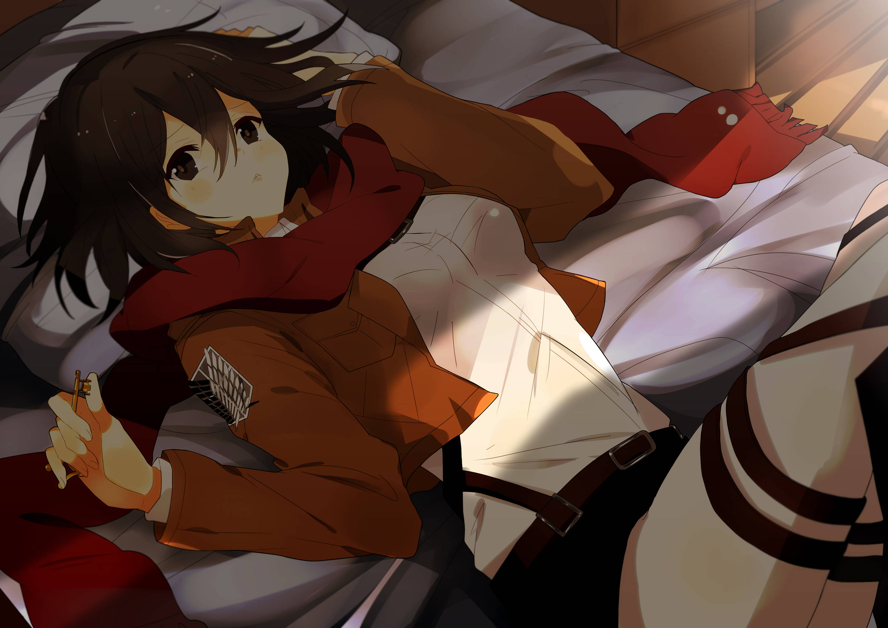 Mikasa Ackerman, red scarf, brown jacket, 2K Desktop Wallpaper
