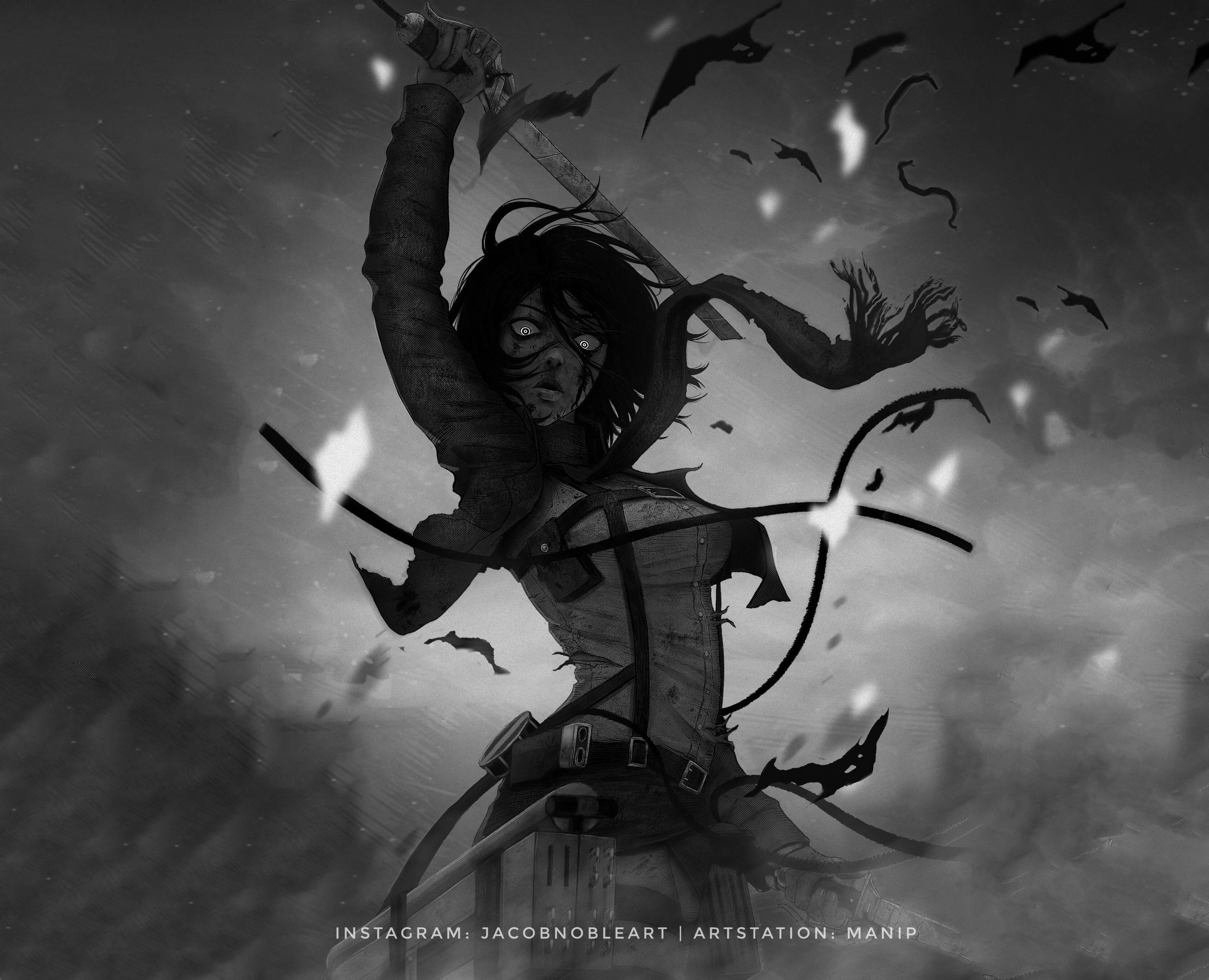 Mikasa Ackerman, glowing eyes, sword, 2K Desktop Wallpaper
