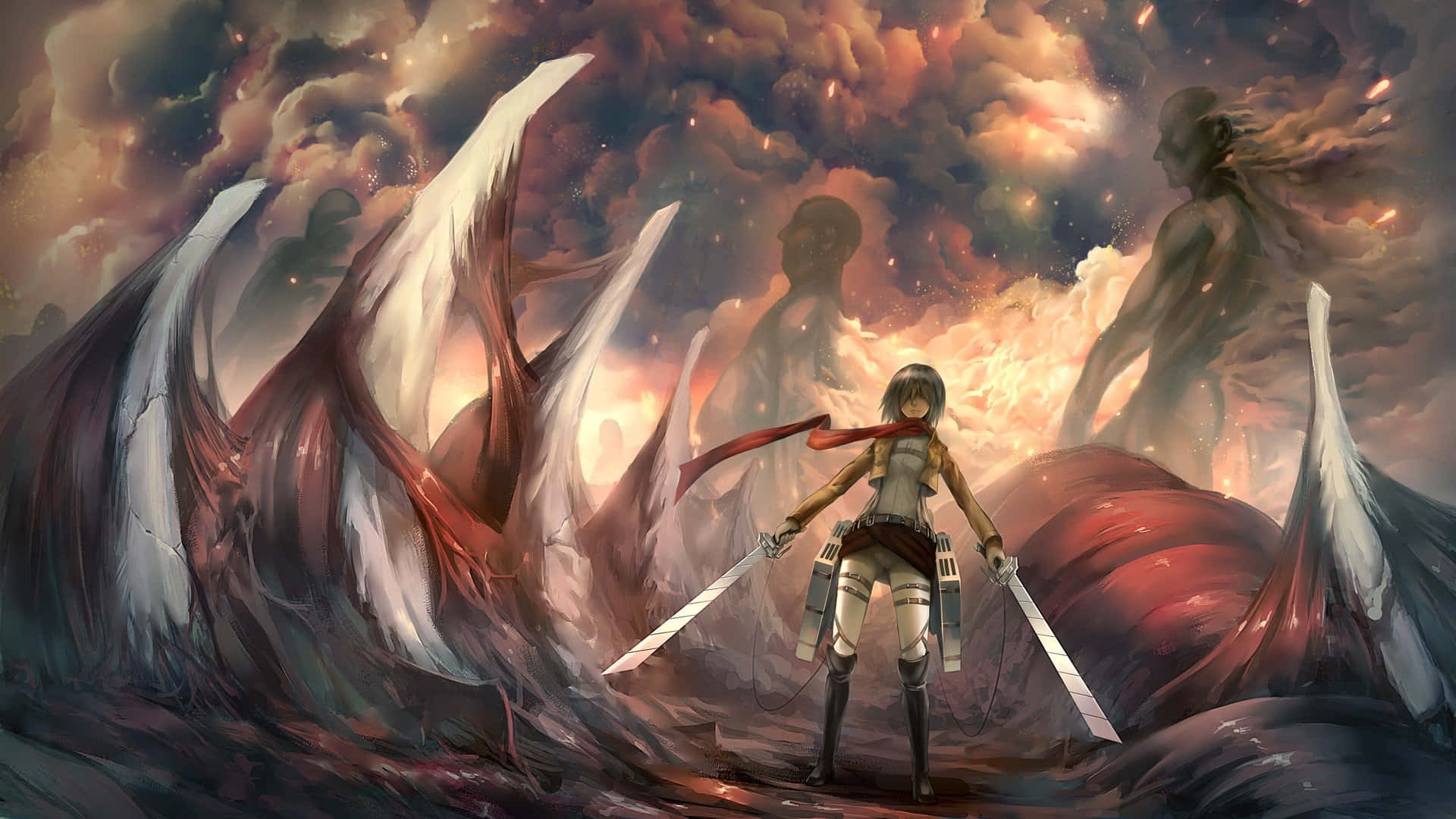 Mikasa Ackerman, dual swords, towering titans, Full HD Desktop Wallpaper