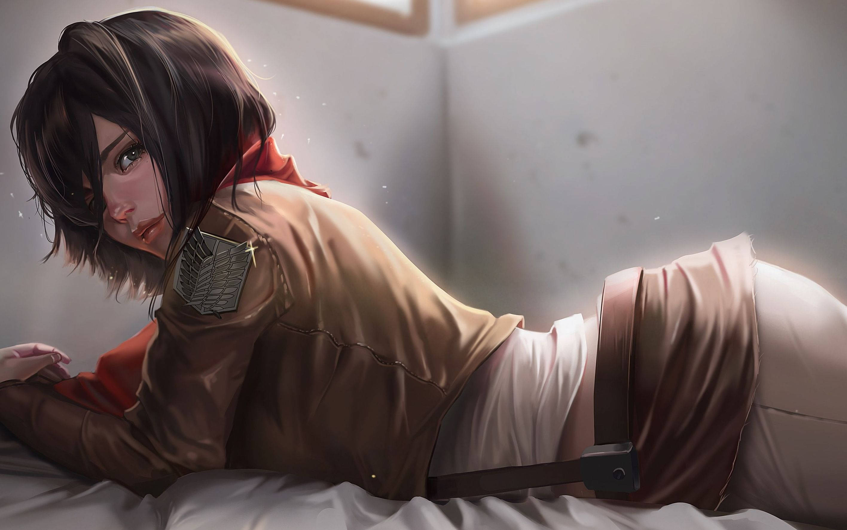 Mikasa Ackerman, brown jacket, winged emblem, 2K Desktop Wallpaper