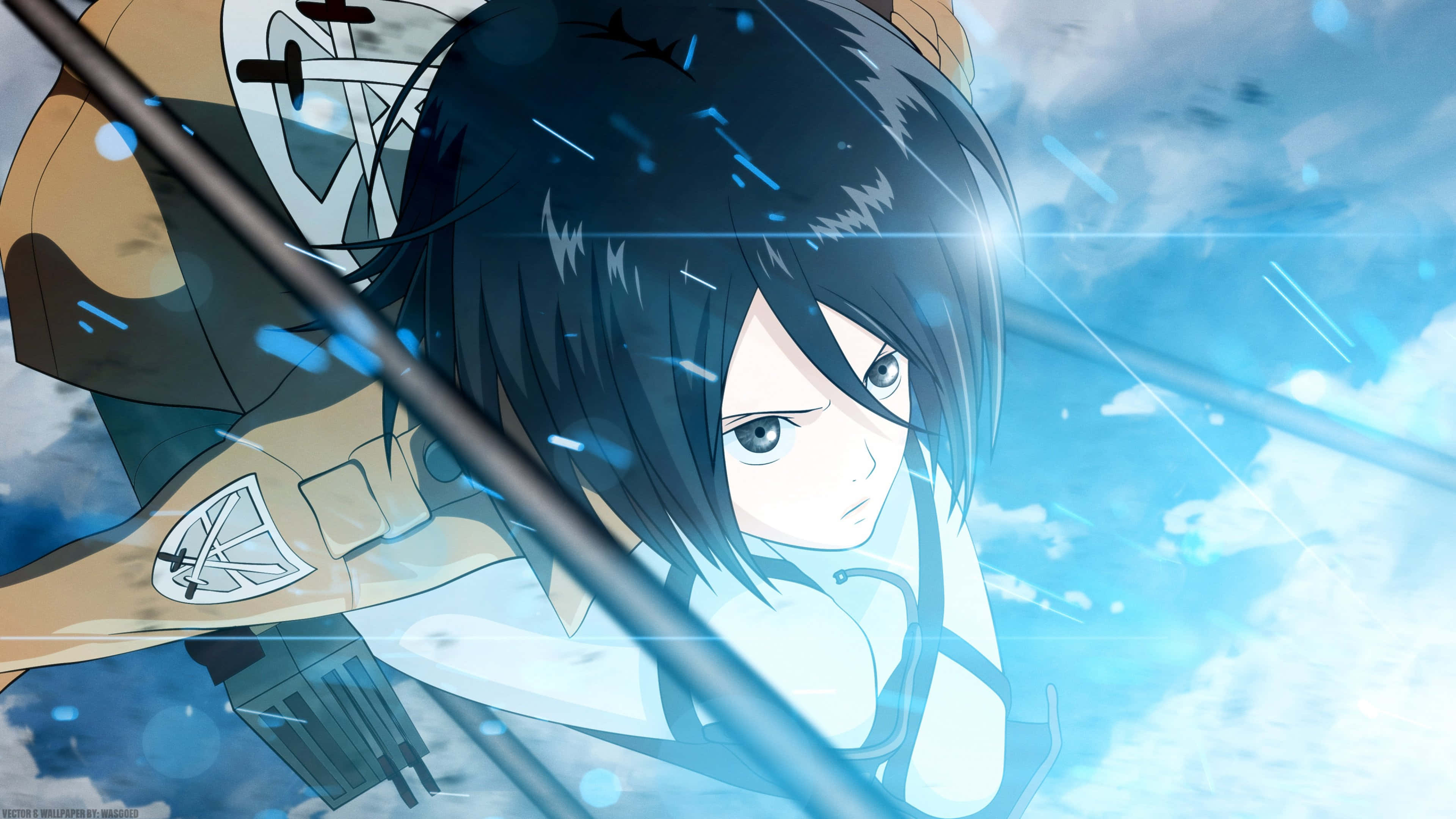 Mikasa Ackerman, maneuver gear, bright blue sky, 4K Desktop Wallpaper