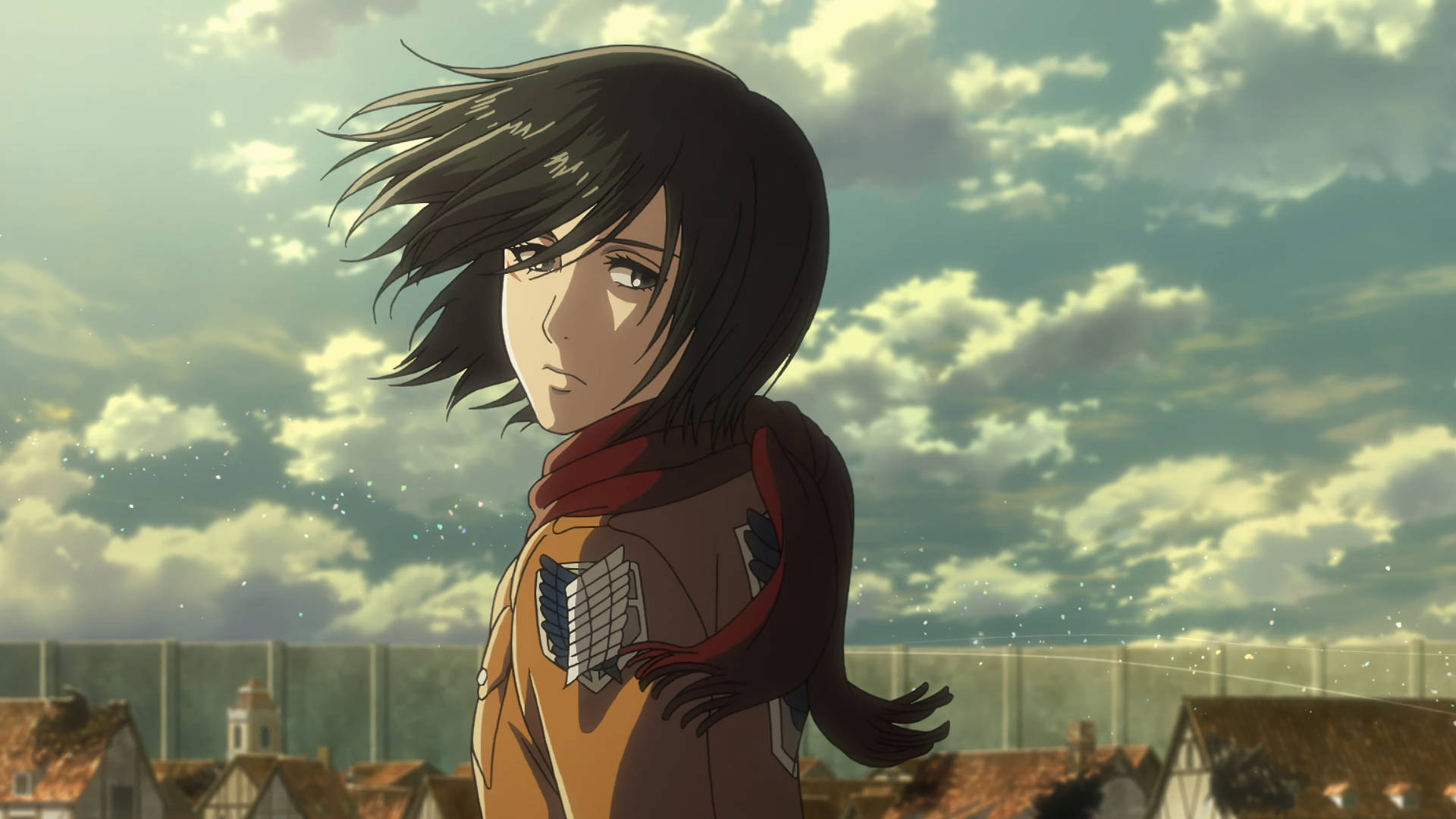 Mikasa Ackerman, yellow uniform, red scarf, Full HD Desktop Wallpaper
