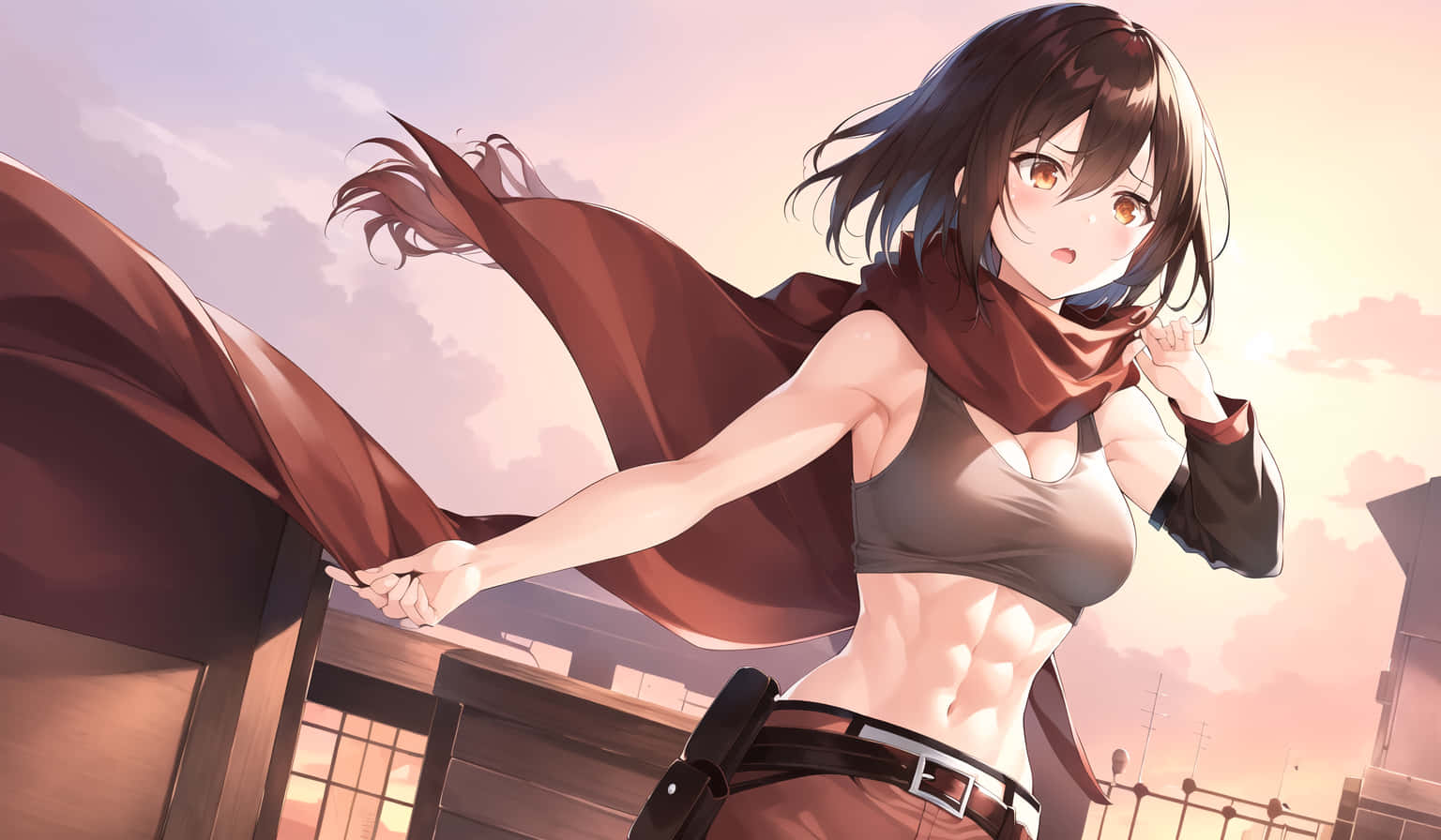 Mikasa Ackerman, rooftop, sunset, HD Desktop Wallpaper