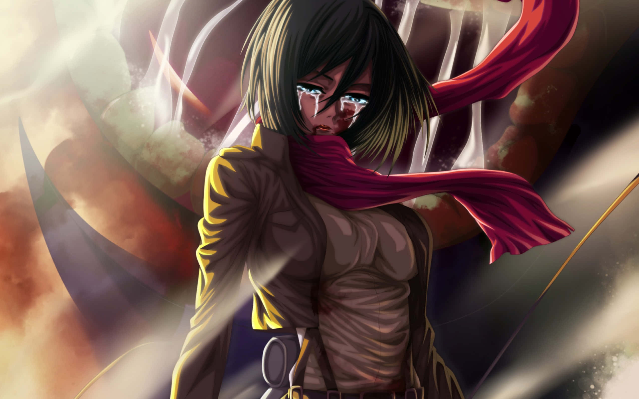 Mikasa Ackerman, red scarf, glowing sword, 2K Desktop Wallpaper