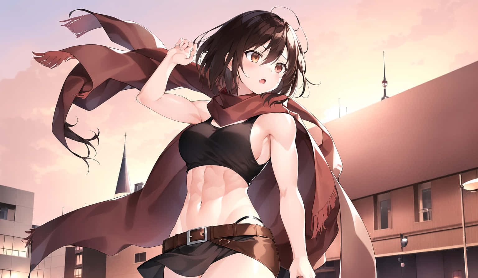 Mikasa Ackerman, skimpy outfit, urban sunset scene, HD Desktop Wallpaper