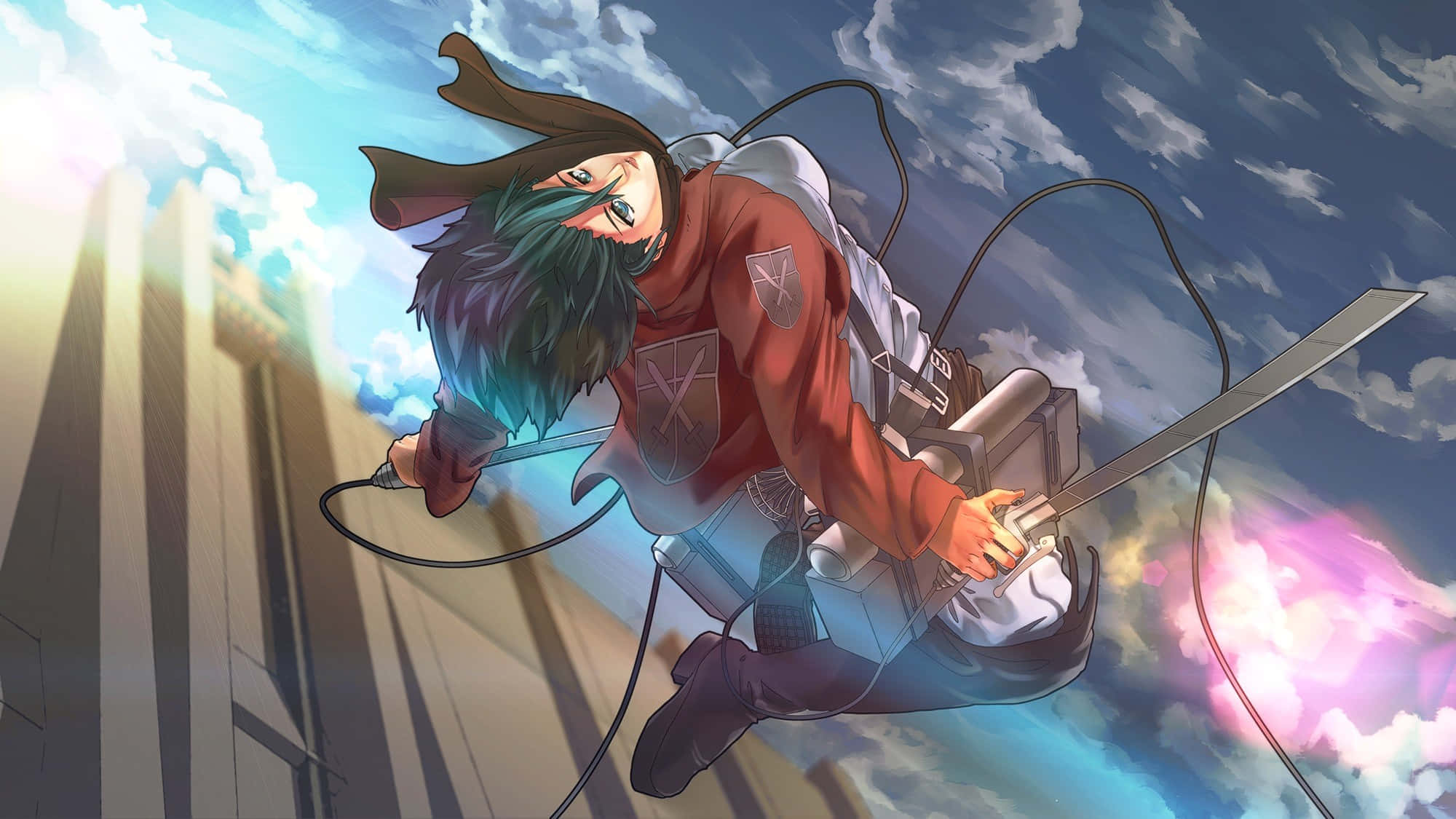 Mikasa Ackerman, red uniform, sword, Full HD Desktop Wallpaper