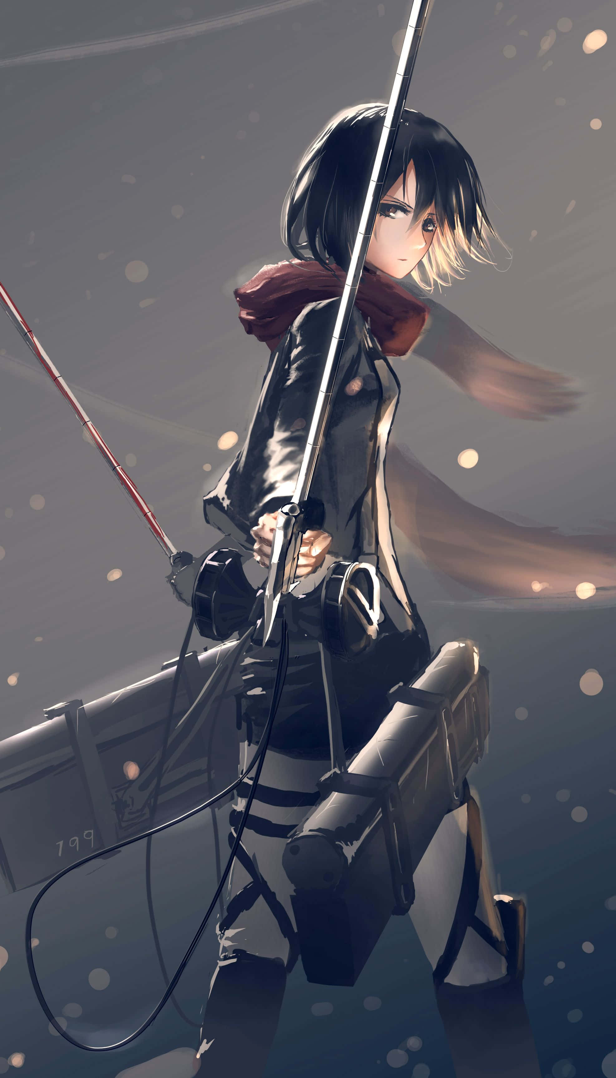 Mikasa, short black hair, red scarf, 2K Phone Wallpaper