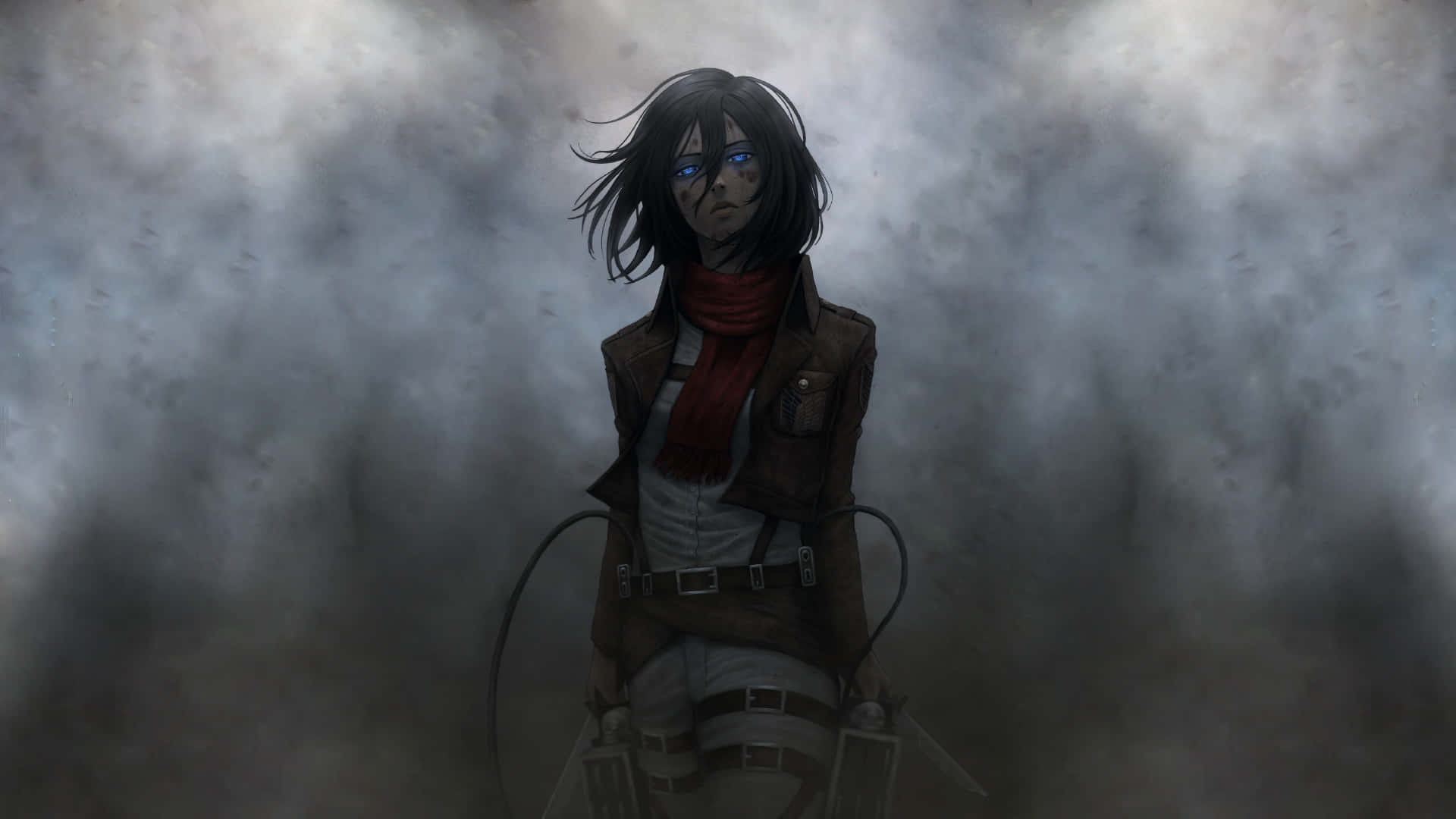 Mikasa, glowing blue eyes, red scarf, Full HD Desktop Wallpaper