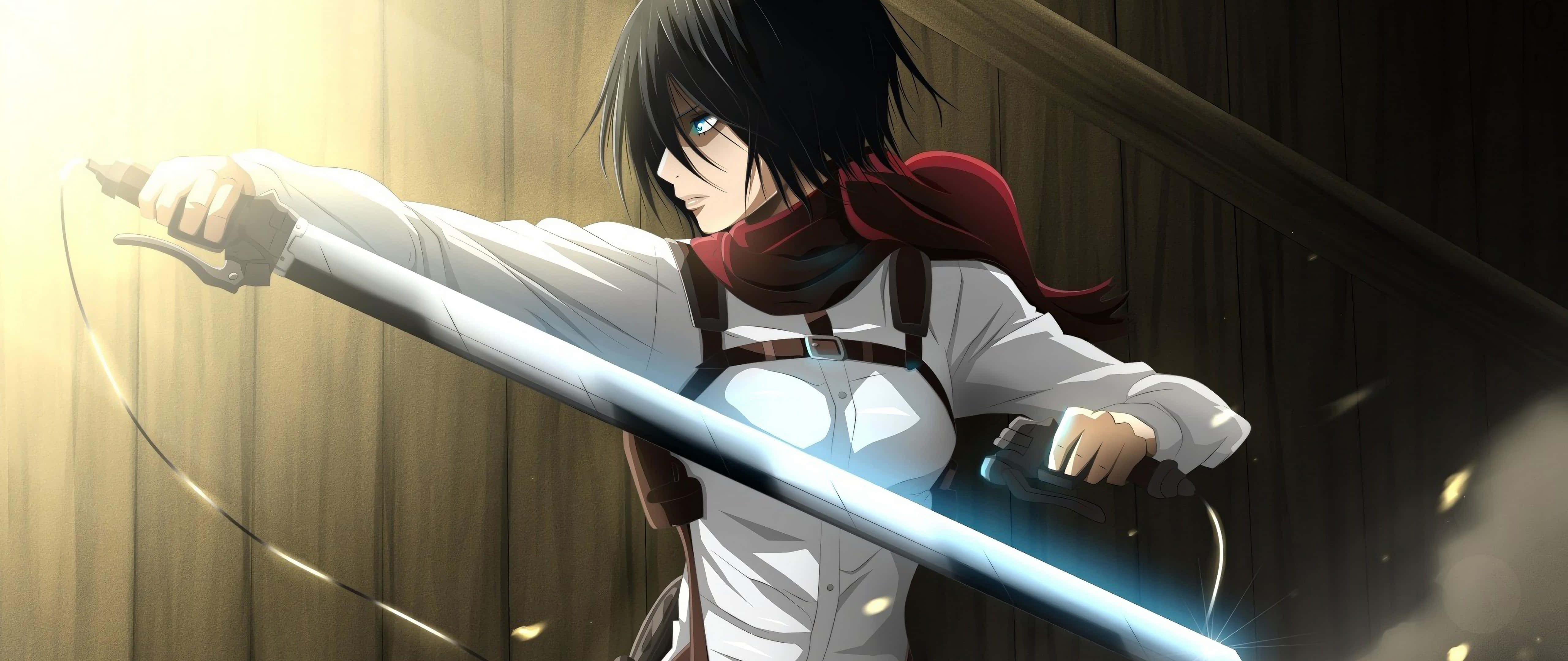 Mikasa, black hair, red scarf, 5K Desktop Wallpaper