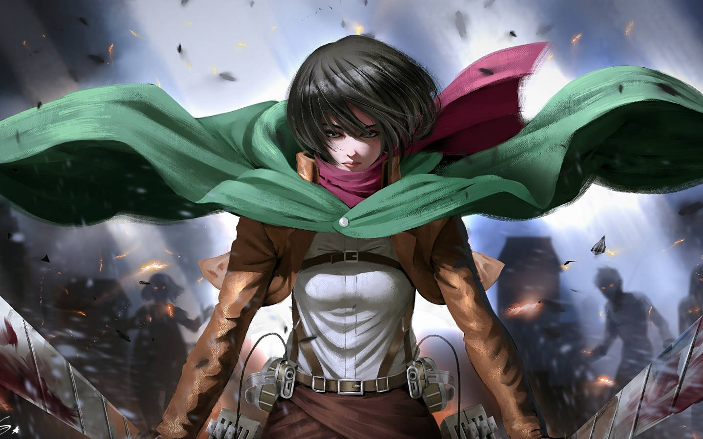 Mikasa, green scarf, battle debris, HD Desktop Wallpaper