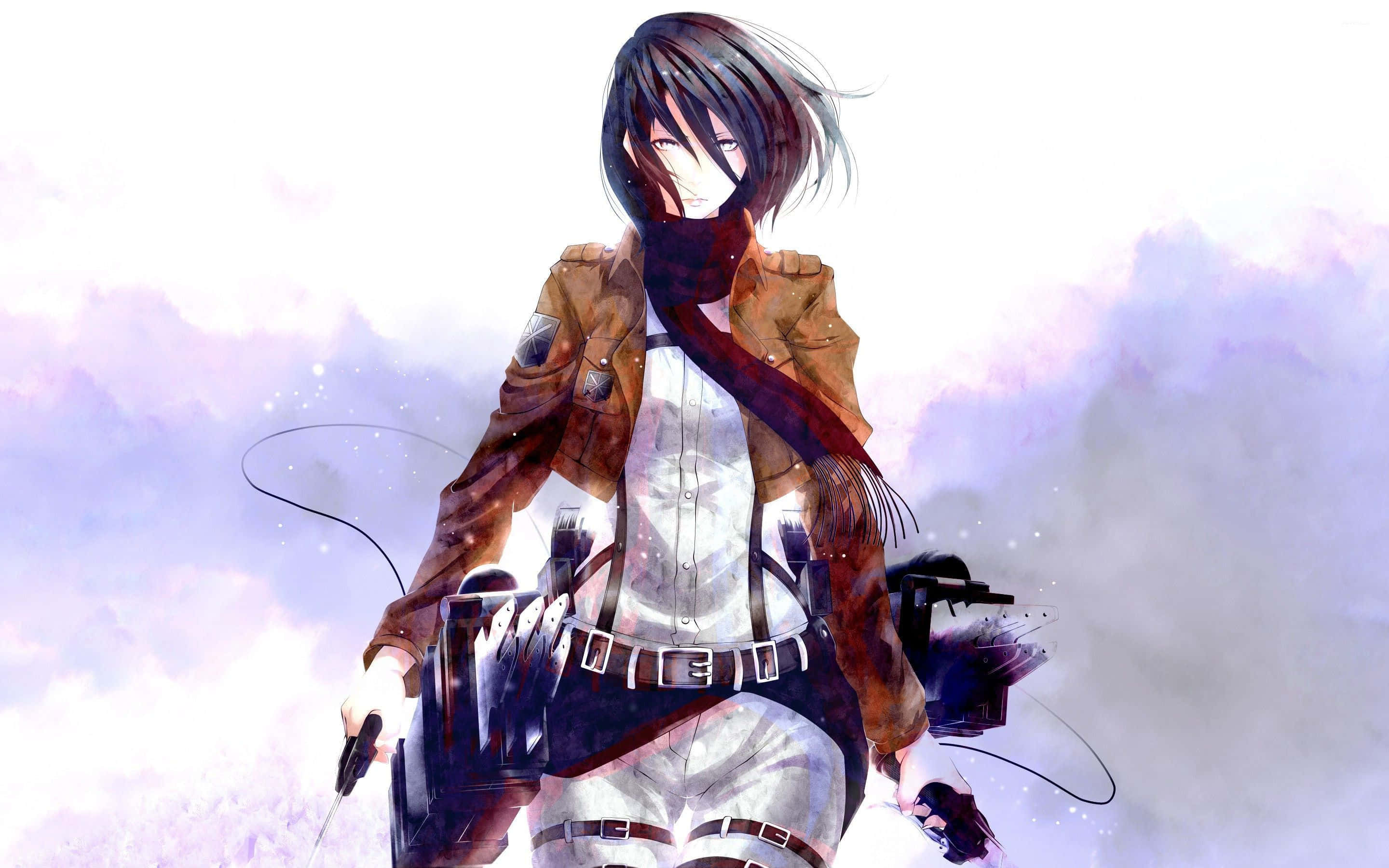 Mikasa, brown jacket, scarf, 2K Desktop Wallpaper