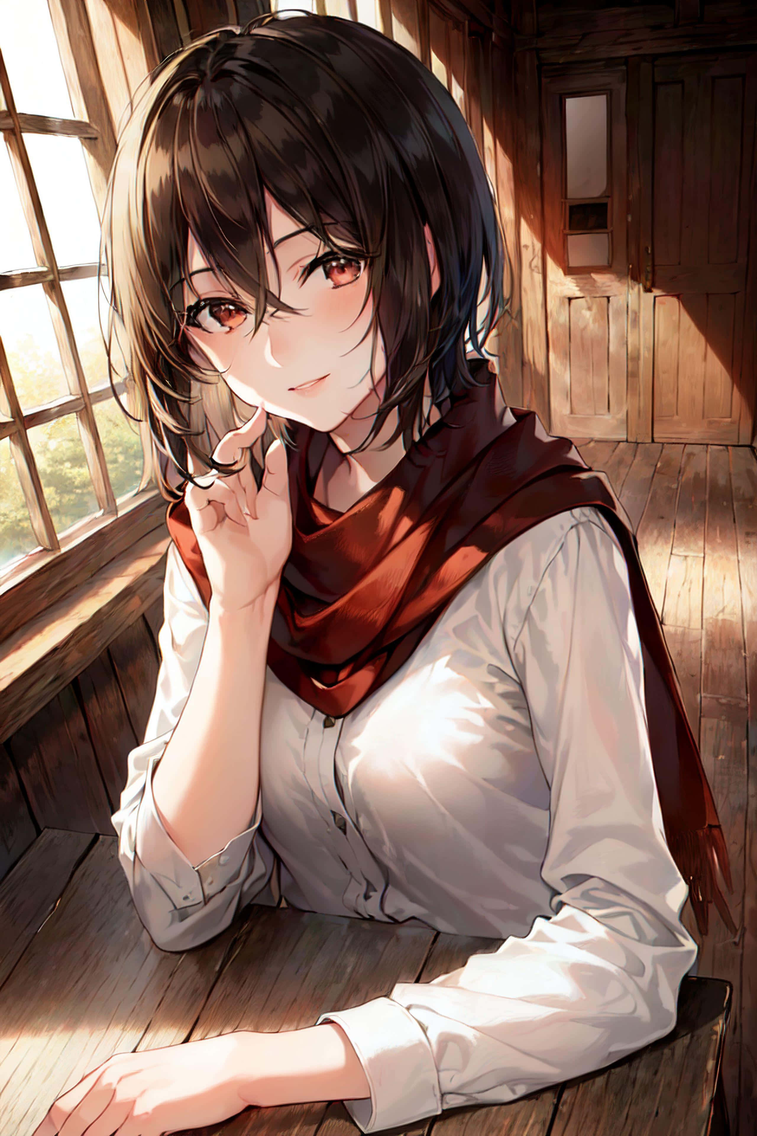 Mikasa, brown hair, red eyes, 4K Phone Wallpaper