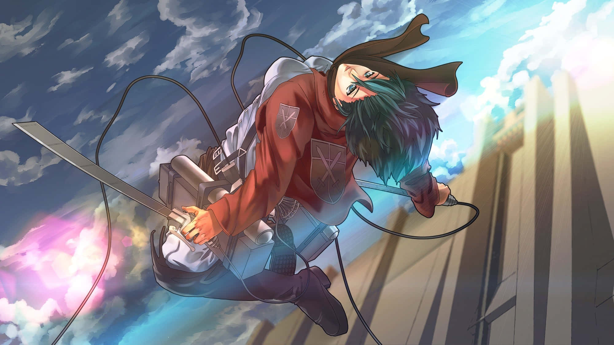 Mikasa, green hair, red jacket, Full HD Desktop Wallpaper