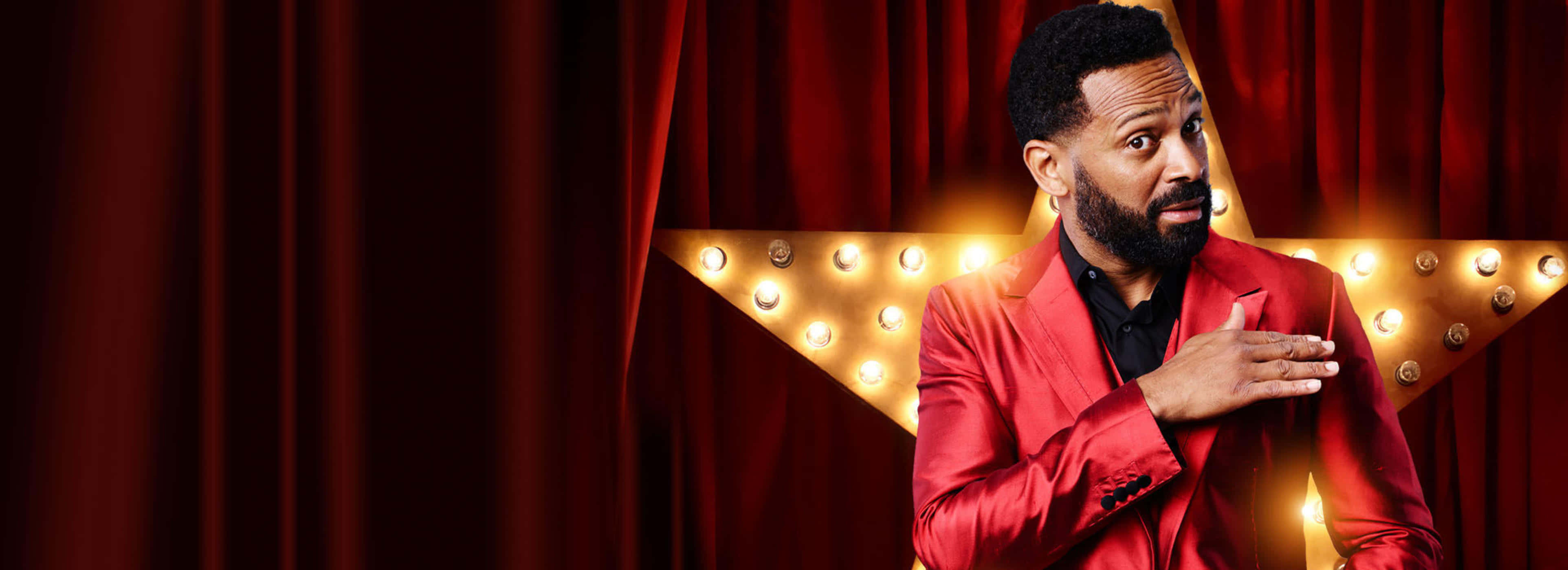 Mike Epps, red suit, glowing star, 4K Desktop Wallpaper