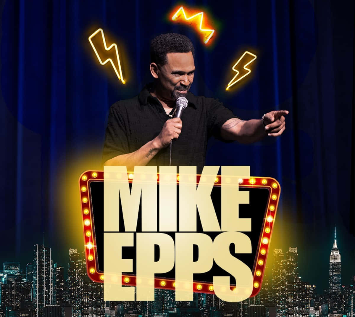 Mike Epps, neon lightning bolts, glowing marquee sign, SD Desktop Wallpaper