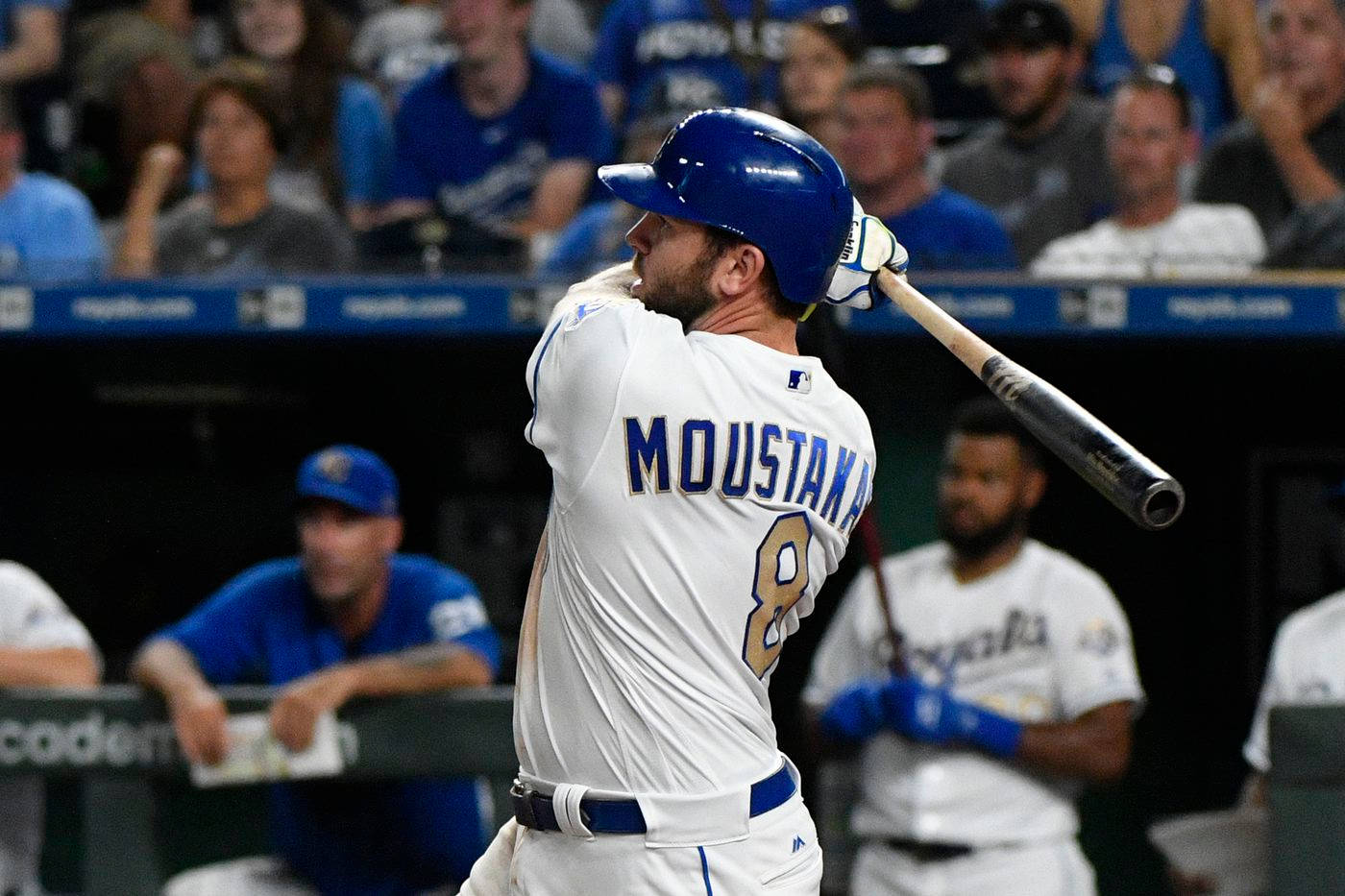 Mike Moustakas, white uniform, stadium, HD Desktop Wallpaper