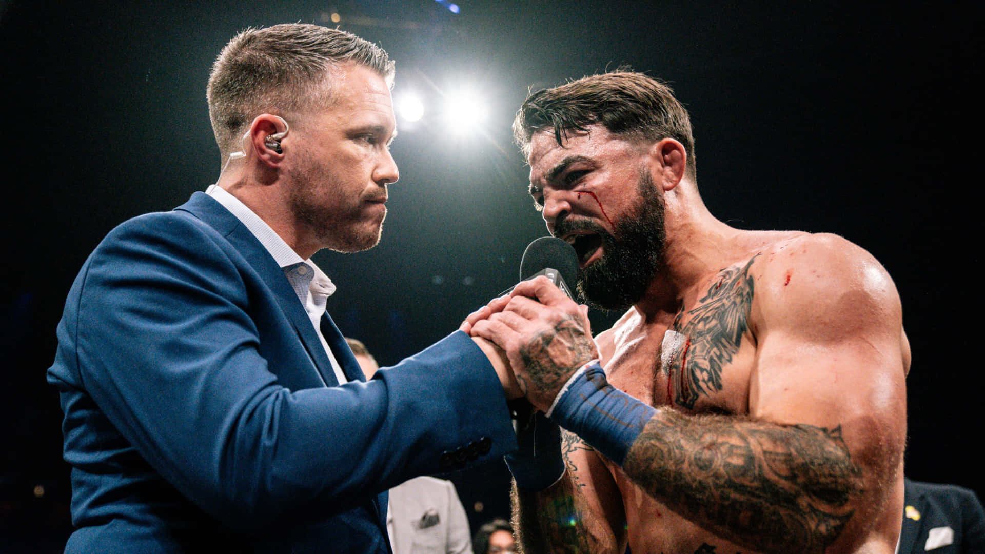 Mike Perry, blue suit, bloodied tattooed wrestler, Full HD Desktop Wallpaper
