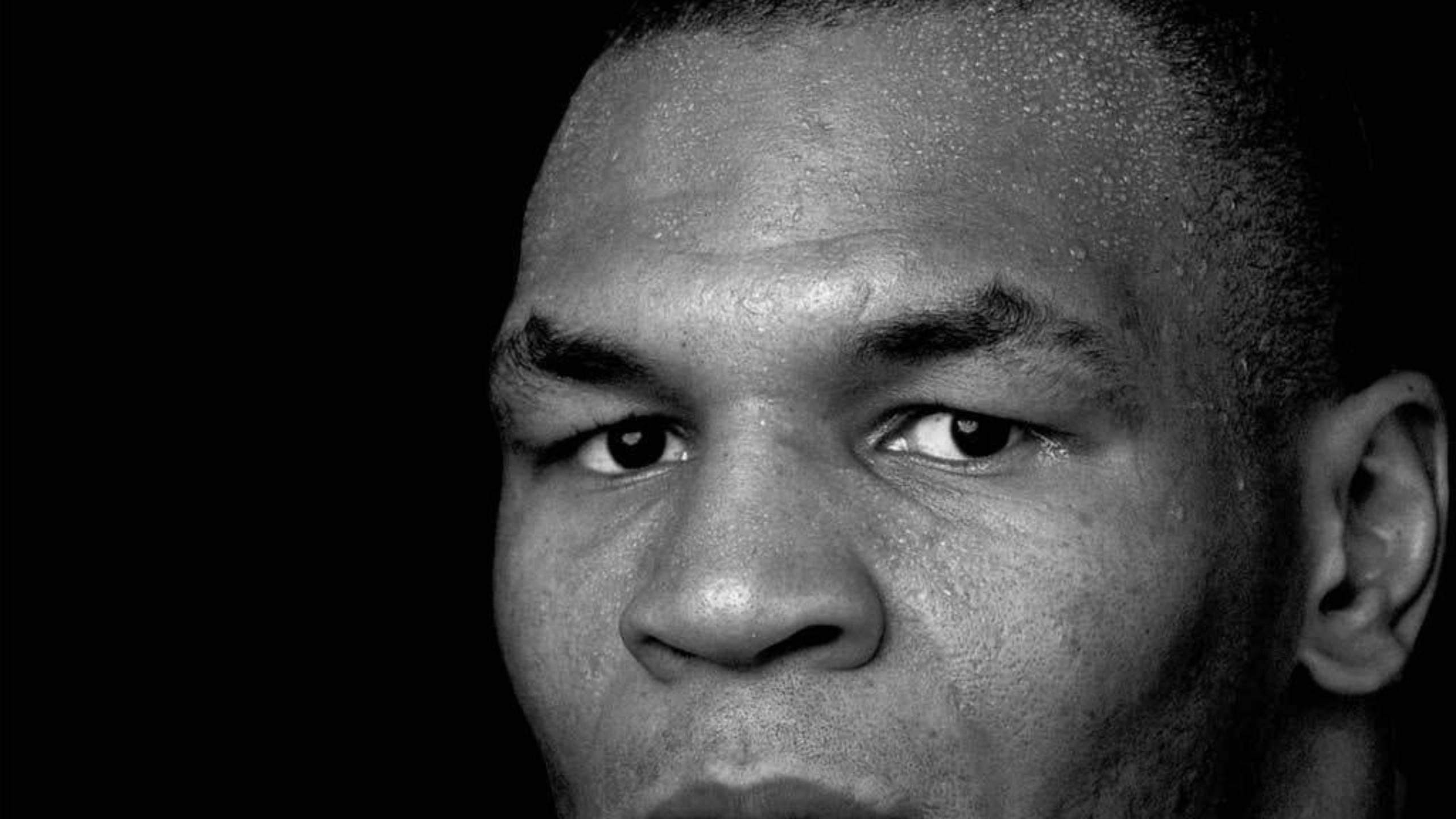 Mike Tyson, black and white, close-up, 2K Desktop Wallpaper