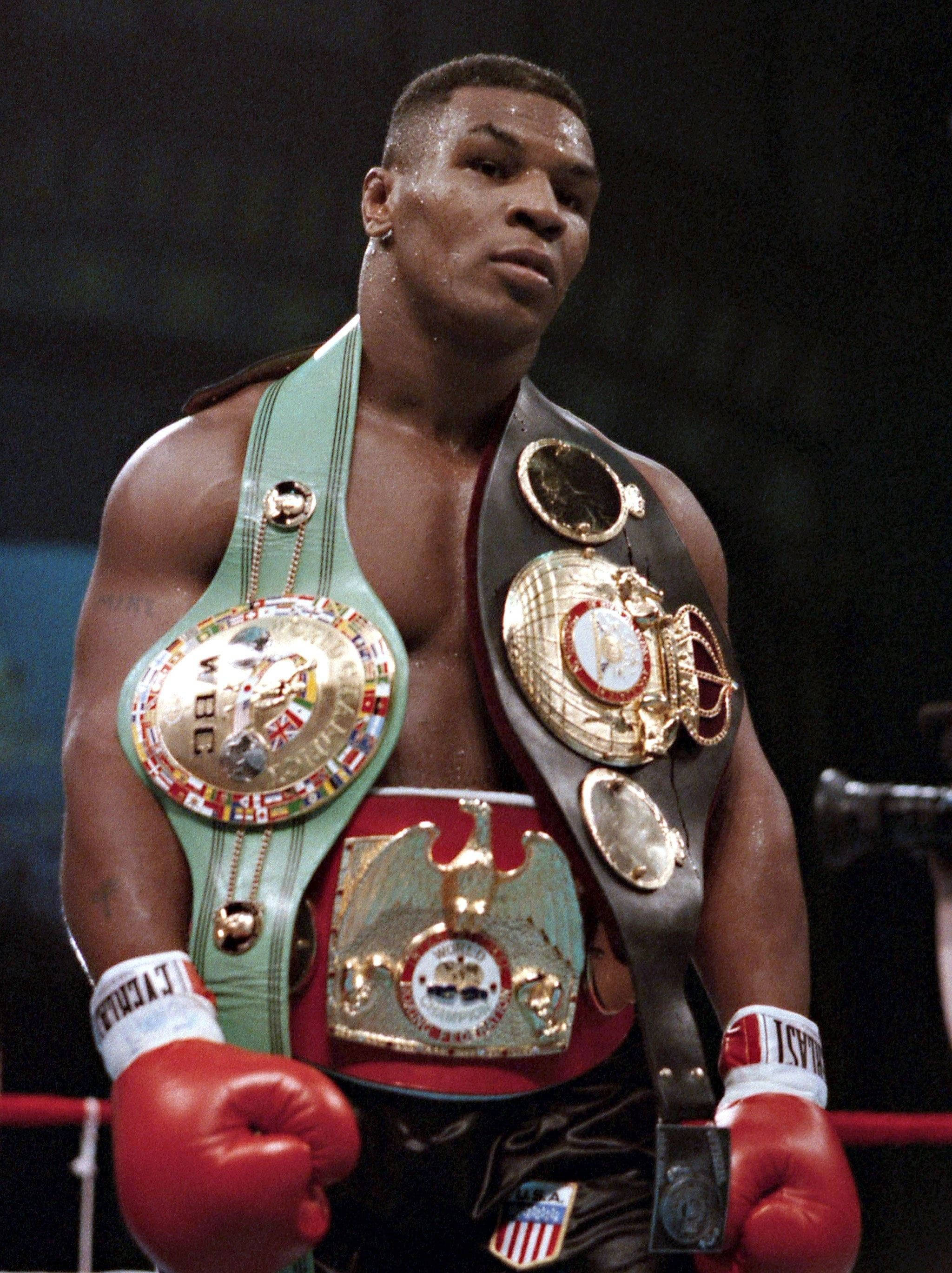 Mike Tyson, championship belts, boxing ring, 2K Phone Wallpaper