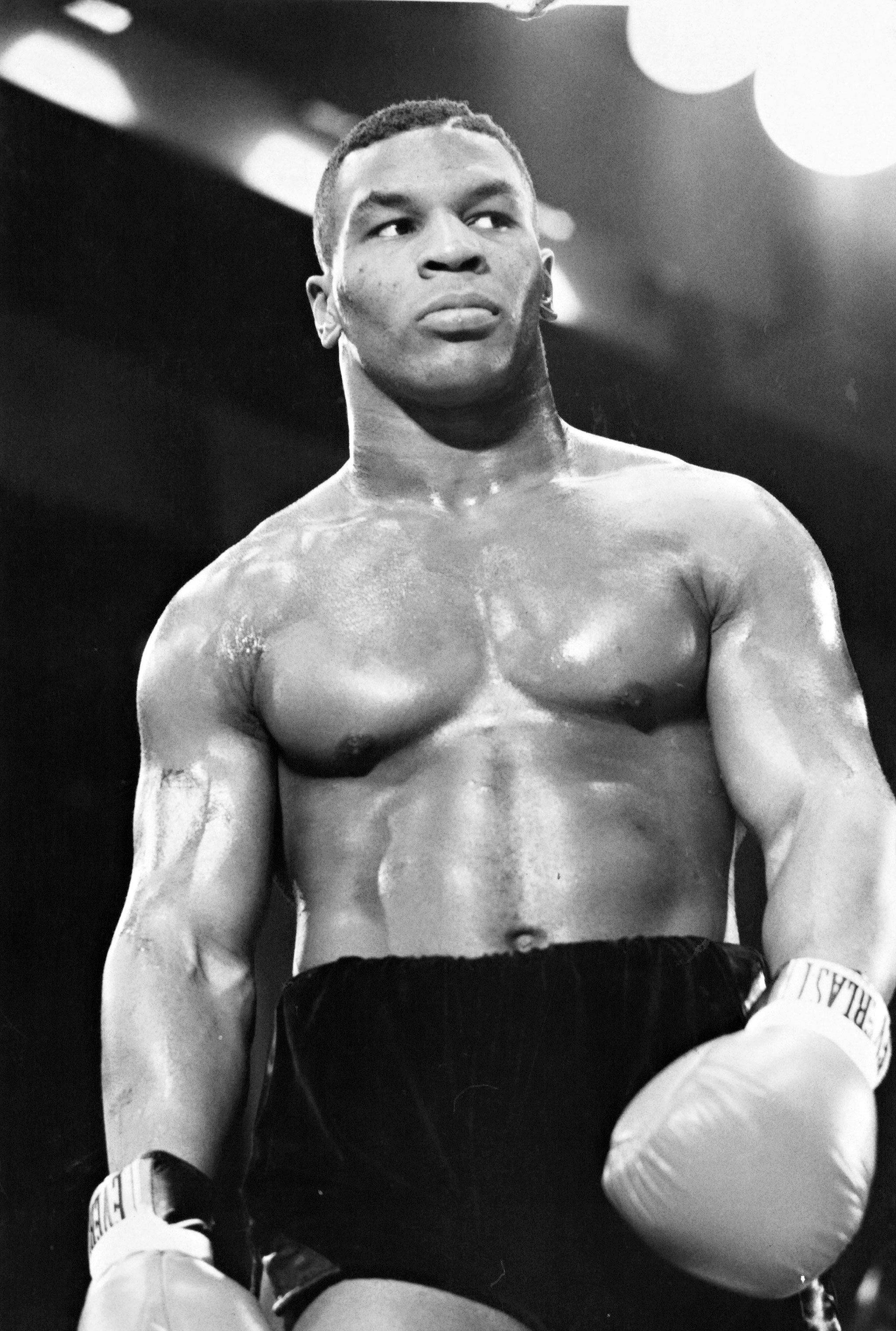 Mike Tyson, black and white portrait, ring, 2K Phone Wallpaper