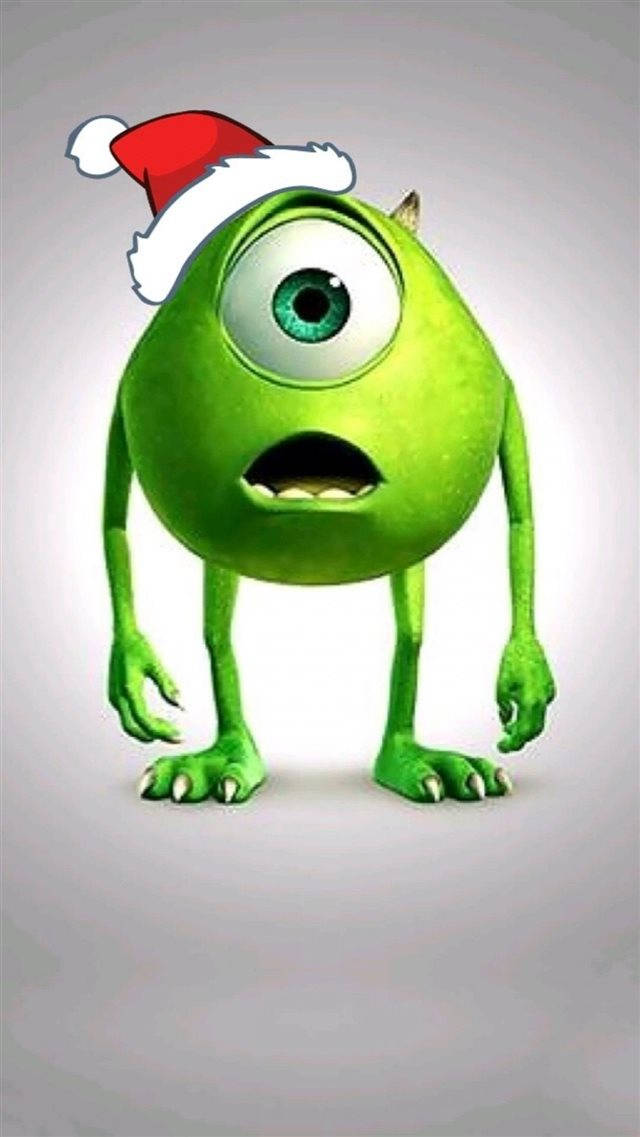 Mike Wazowski, red and white Santa hat, green one-eyed monster, SD Phone Wallpaper