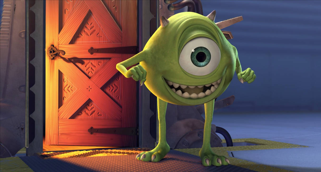 Mike Wazowski, green one-eyed monster, warmly lit wooden door, SD Desktop Wallpaper