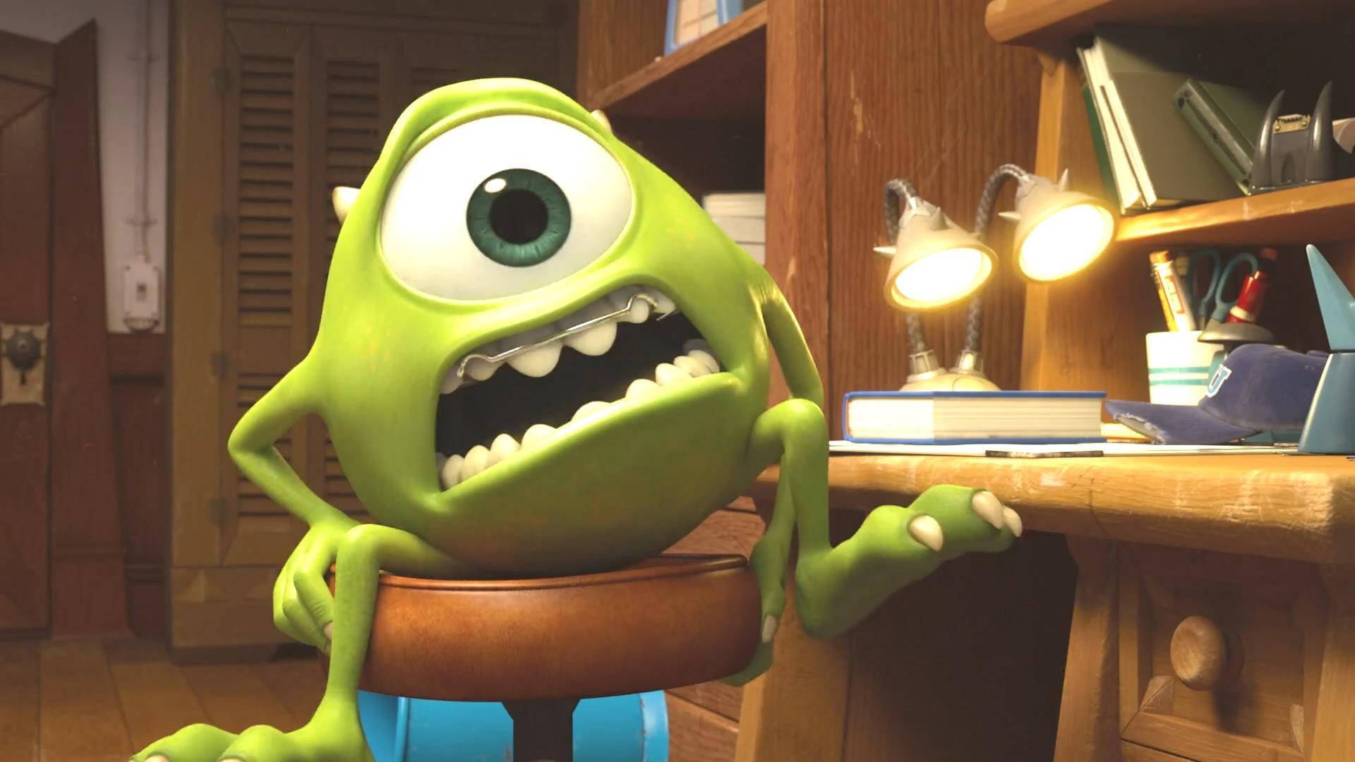 Mike Wazowski, green one-eyed monster, sharp teeth, Full HD Desktop Wallpaper