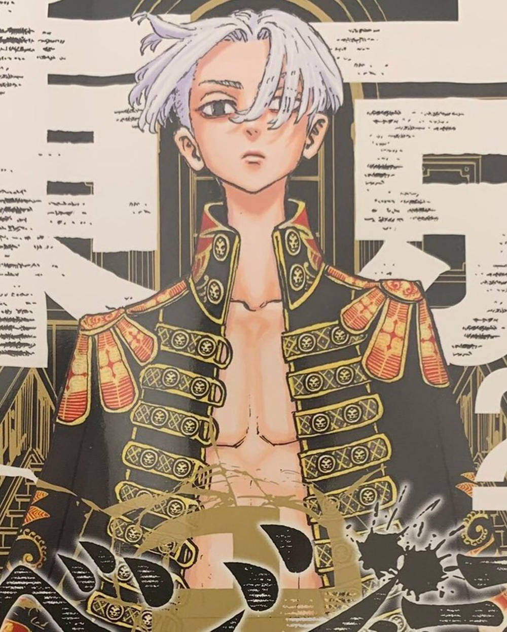 Mikey Bonten, silver hair, ornate black and gold armor, SD Phone Wallpaper