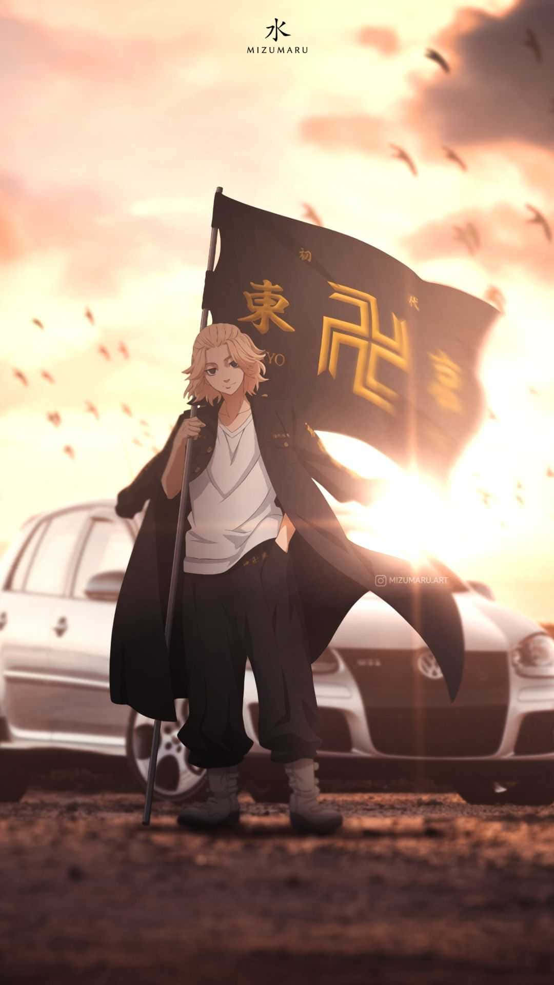 Mikey Tokyo Revengers, black flag, gold kanji, Full HD Phone Wallpaper